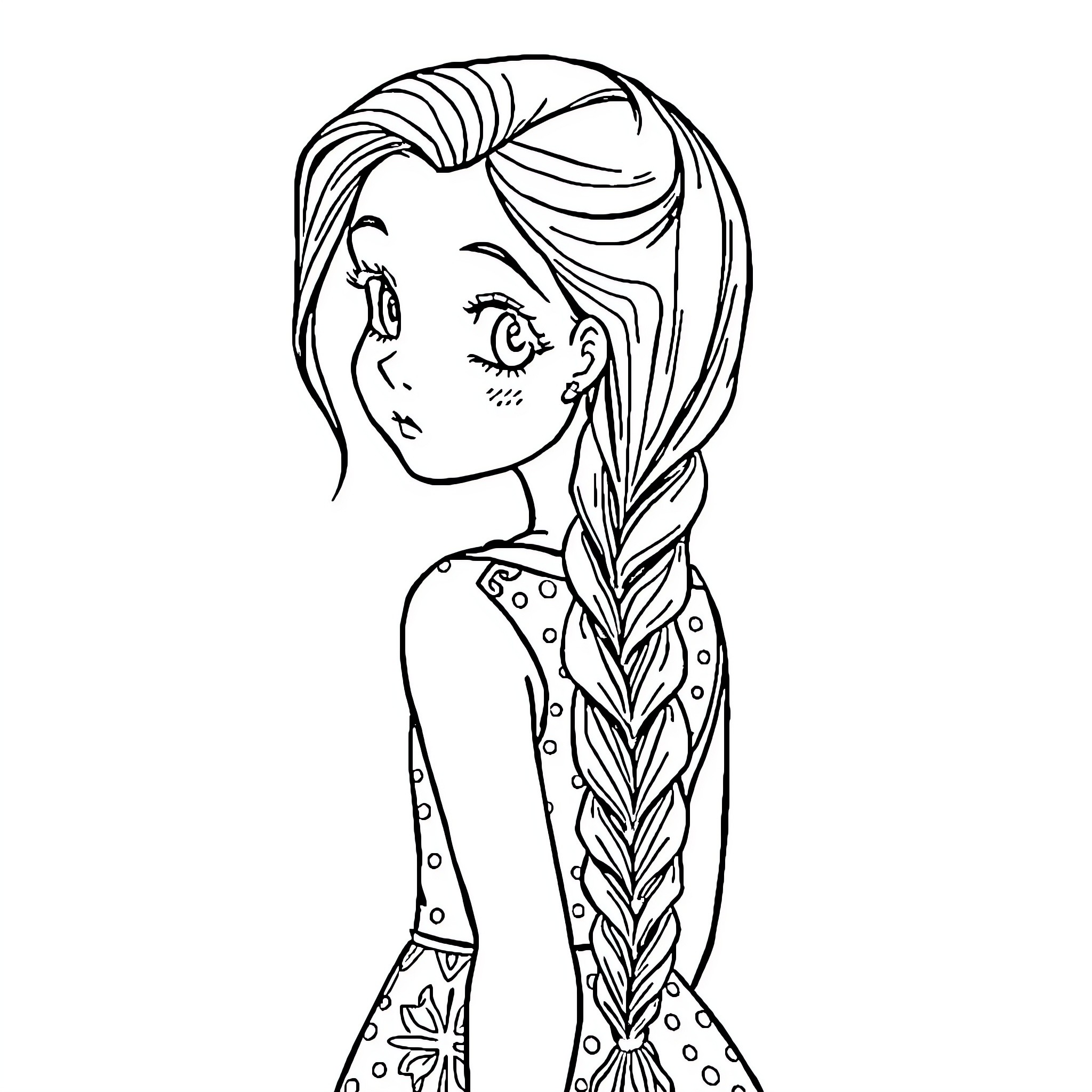 Girl with braided hairstyle and patterned dress Coloring Page (free black-and-white line drawing printable PDF for all, from beginners to advanced learners, including children, teens, adults, and seniors)