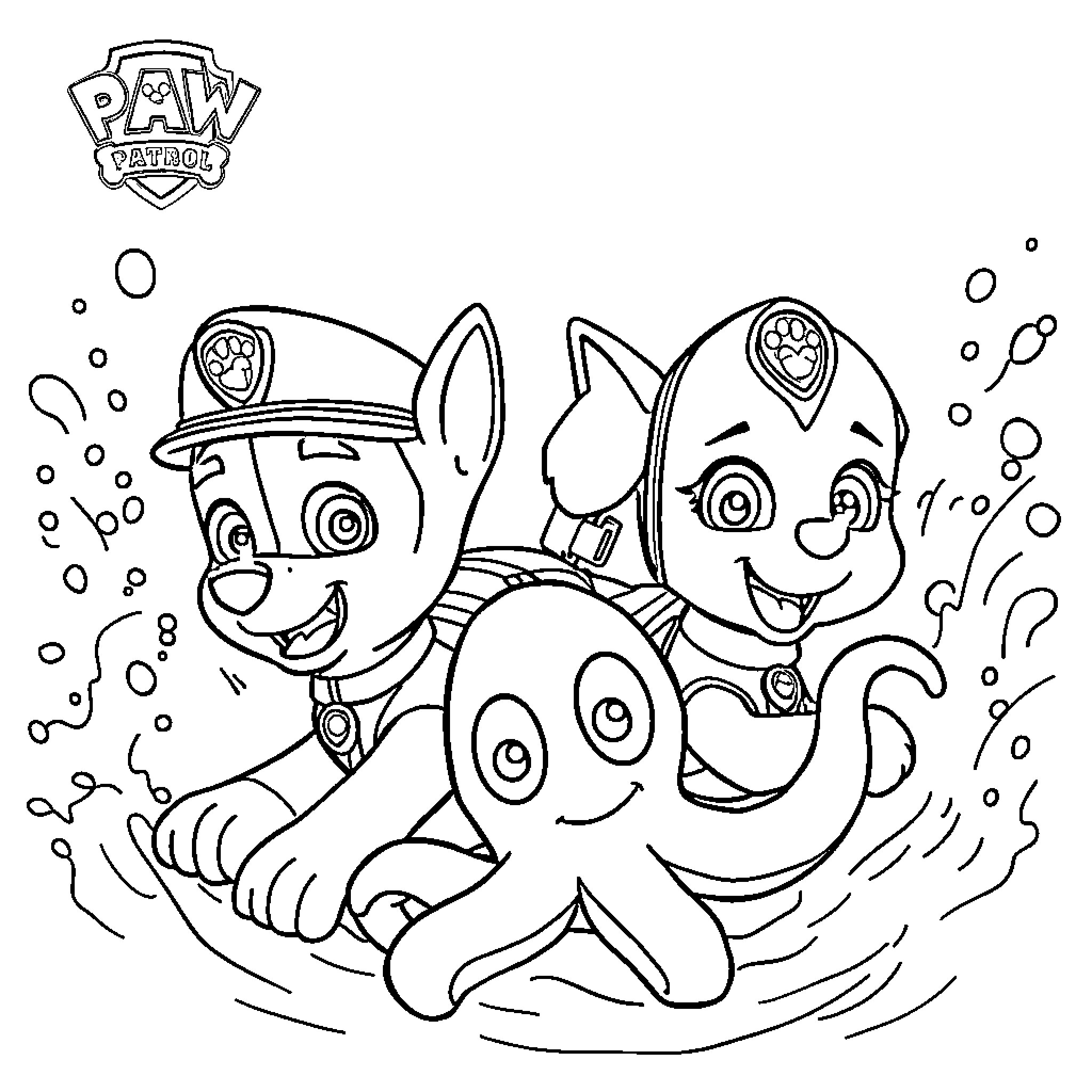 Paw Patrol characters playing together underwater Coloring Page (free black-and-white line drawing printable PDF for all, from beginners to advanced learners, including children, teens, adults, and seniors)