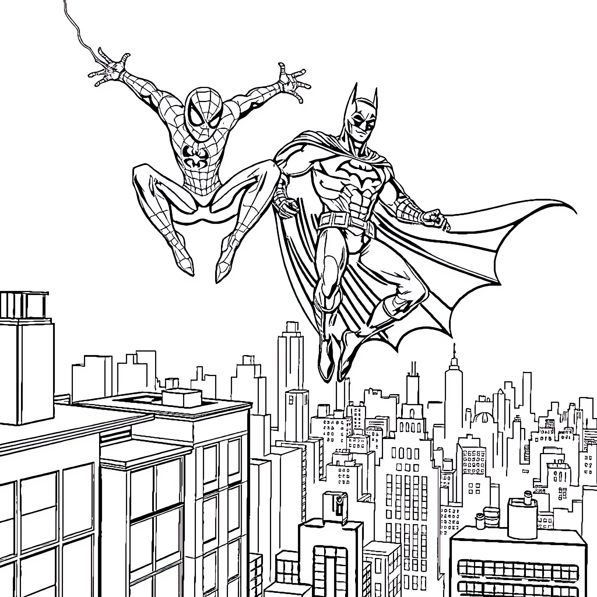 Spider-Man and Batman soar over the city skyline Coloring Page (free black-and-white line drawing printable PDF for all, from beginners to advanced learners, including children, teens, adults, and seniors)