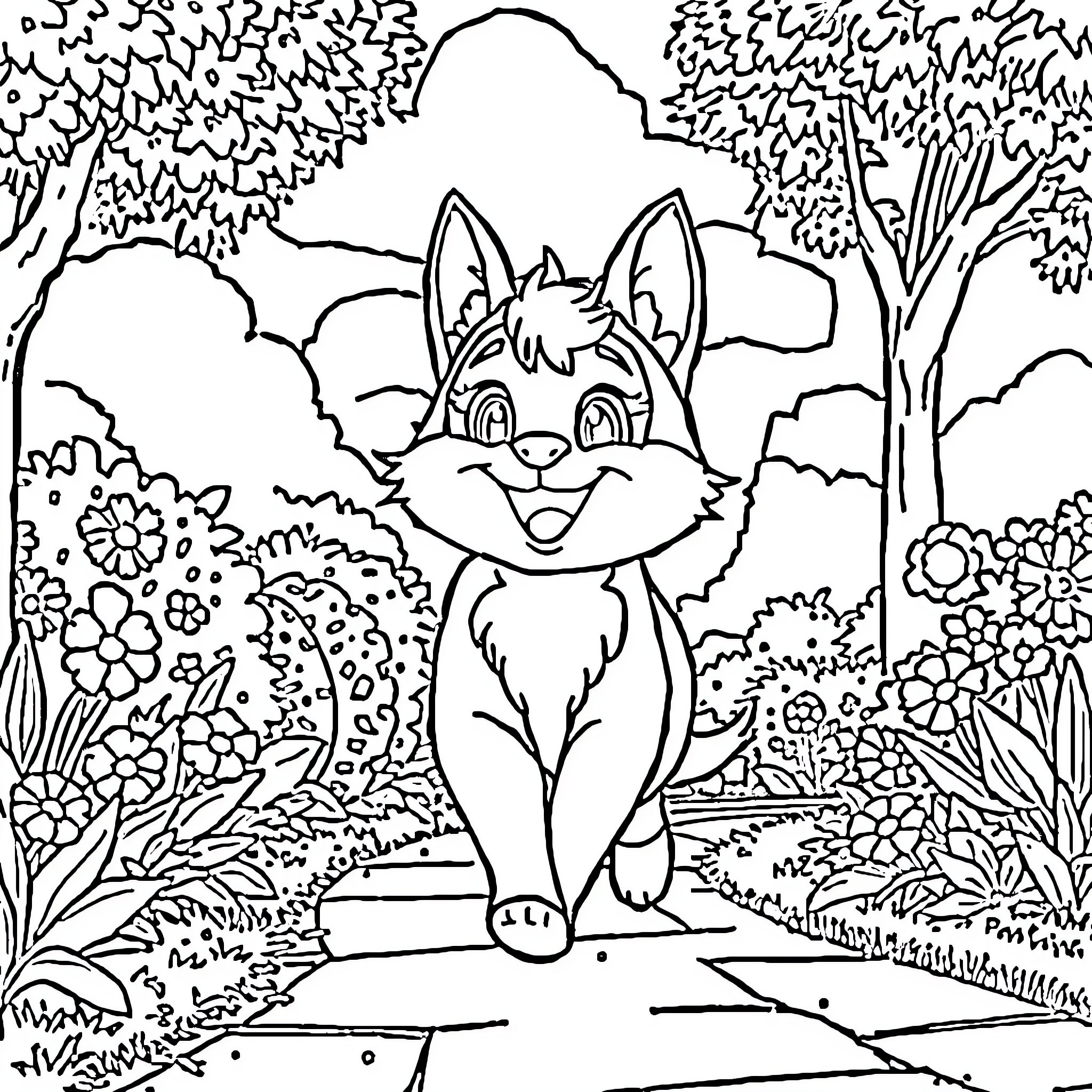 Kuromi enjoying the nature in the forest Coloring Page (free black-and-white line drawing printable PDF for all, from beginners to advanced learners, including children, teens, adults, and seniors)