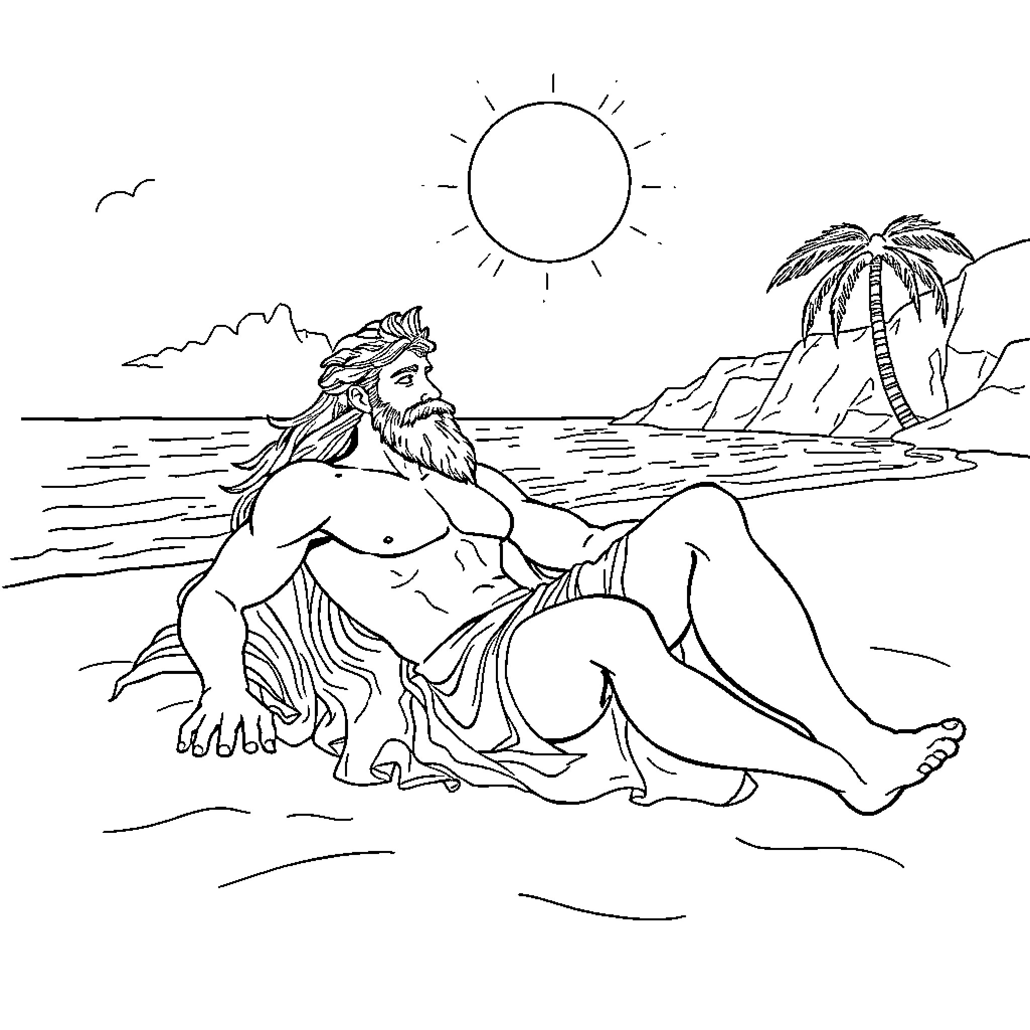 God's Serene Repose on the Tropical Shore Coloring Page (free black-and-white line drawing printable PDF for all, from beginners to advanced learners, including children, teens, adults, and seniors)