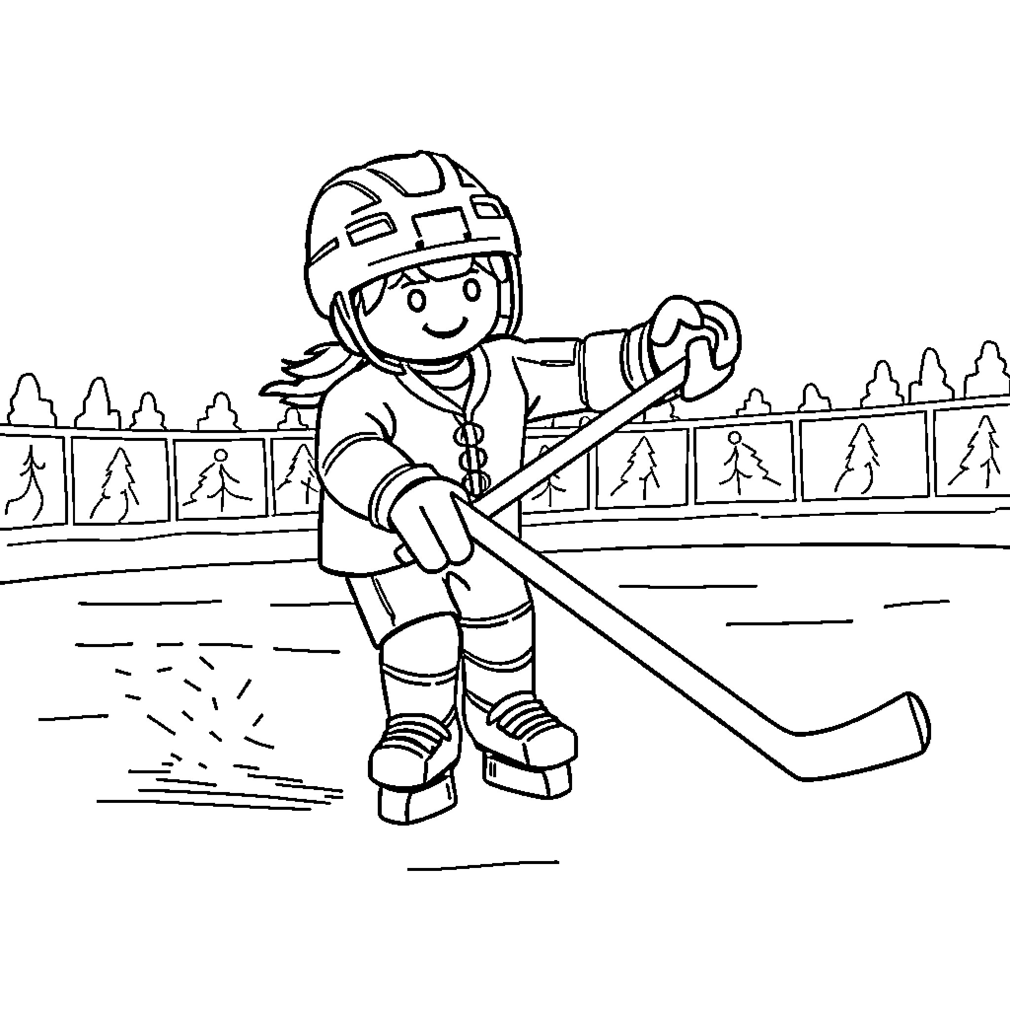 Playmobil figure playing hockey on the ice rink Coloring Page (free black-and-white line drawing printable PDF for all, from beginners to advanced learners, including children, teens, adults, and seniors)