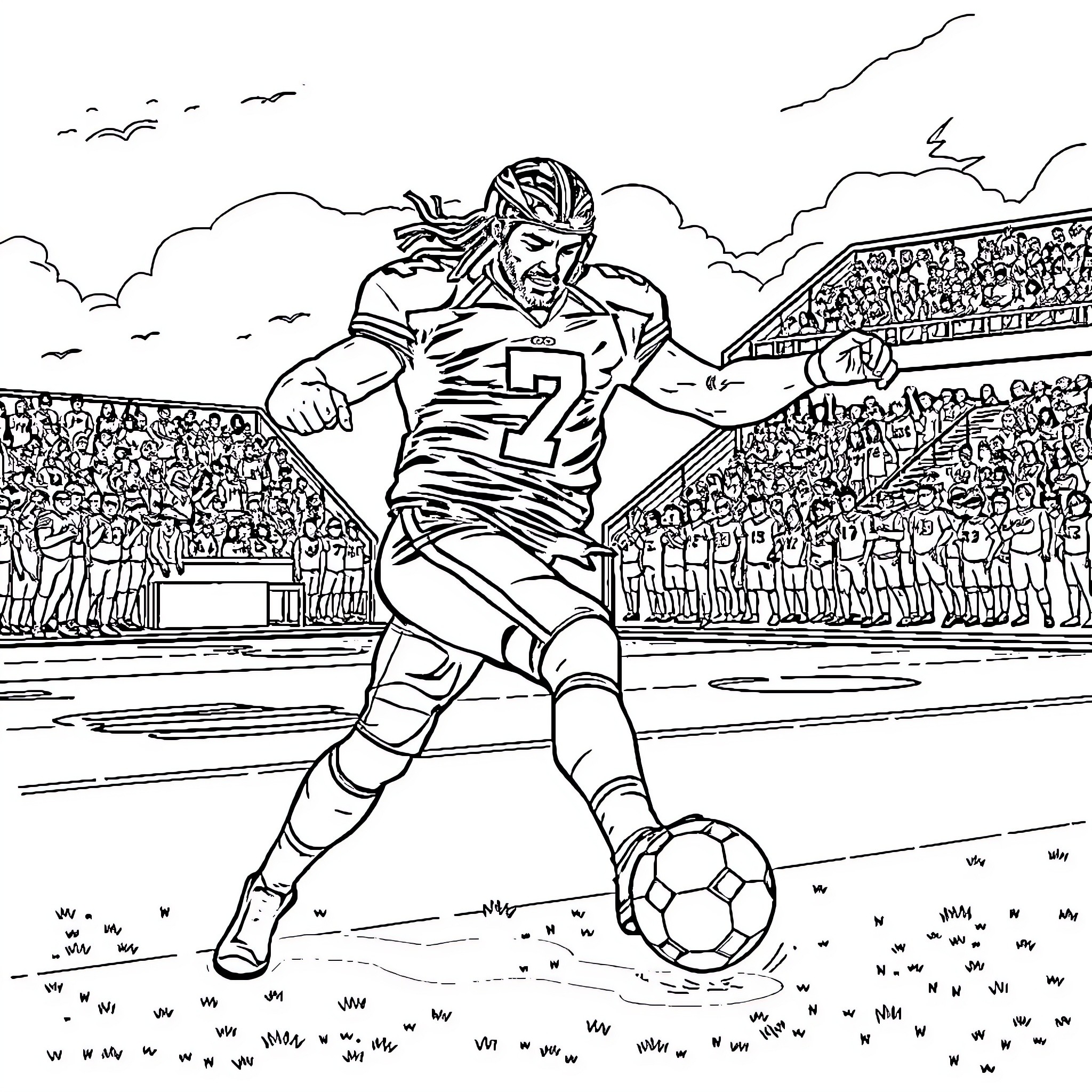 Roman Reigns, a professional soccer player, dribbling the ball on the field Coloring Page (free black-and-white line drawing printable PDF for all, from beginners to advanced learners, including children, teens, adults, and seniors)
