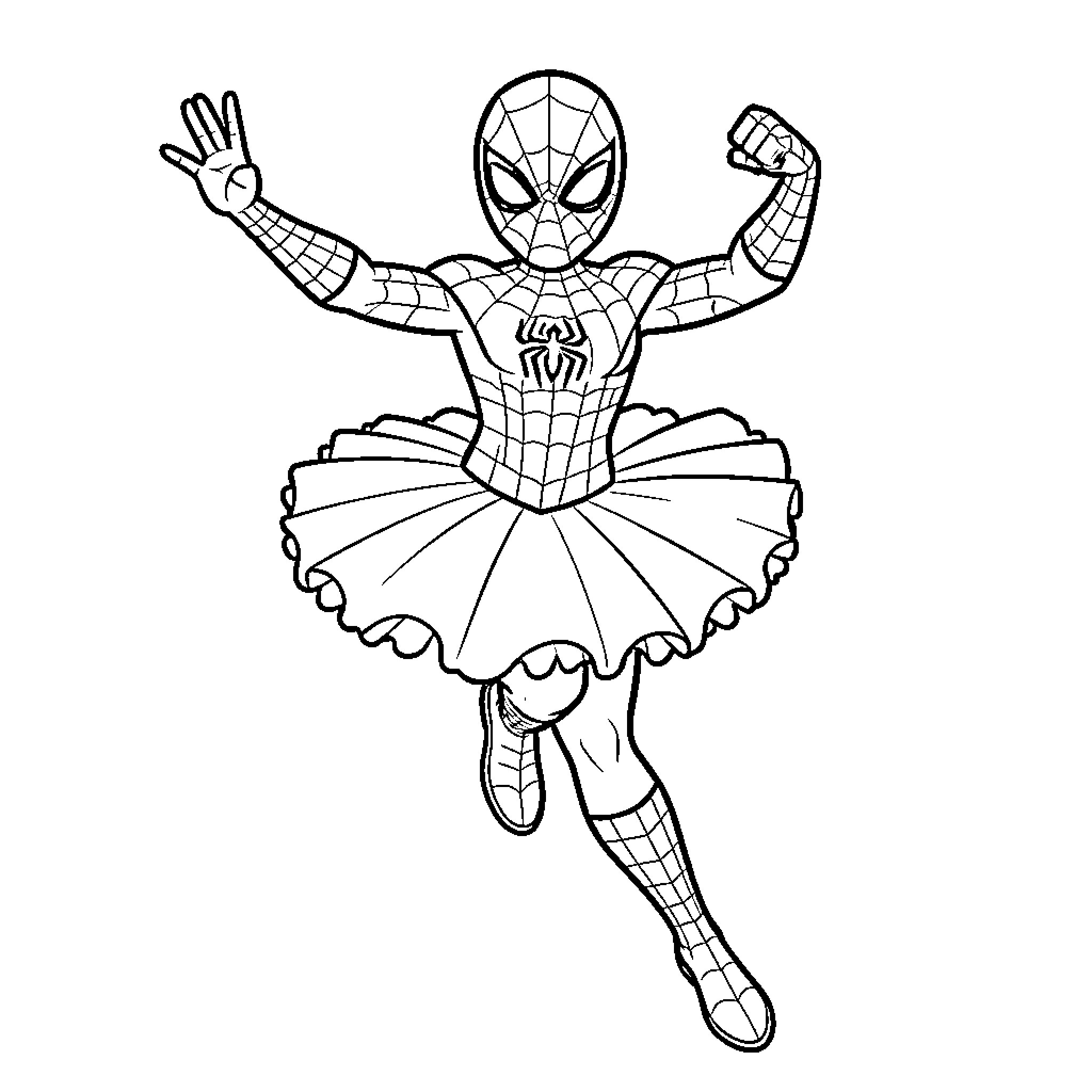 Spiderman character dancing in a ballet tutu Coloring Page (free black-and-white line drawing printable PDF for all, from beginners to advanced learners, including children, teens, adults, and seniors)