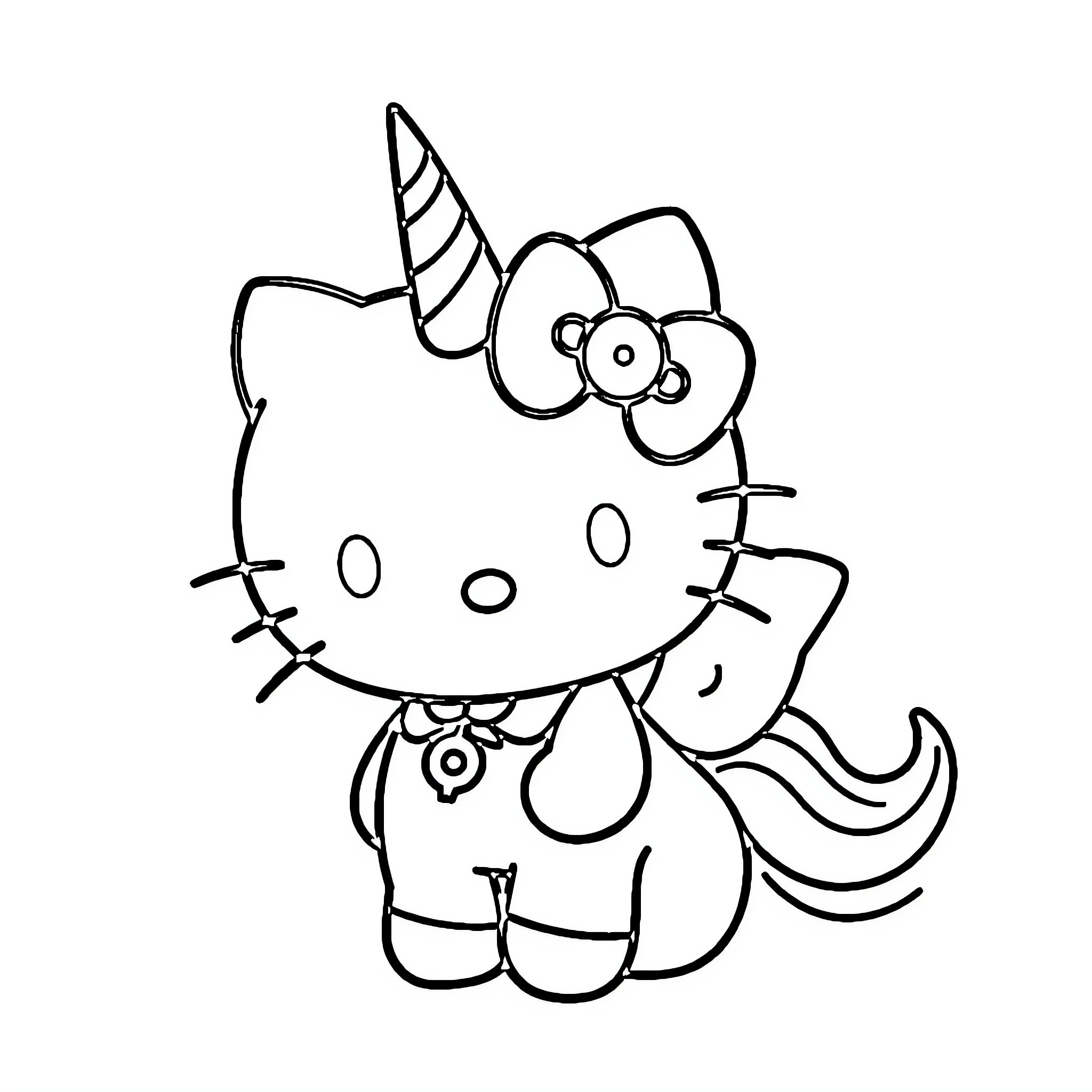 Hello Kitty Unicorn Whimsical Illustration Coloring Page (free black-and-white line drawing printable PDF for all, from beginners to advanced learners, including children, teens, adults, and seniors)