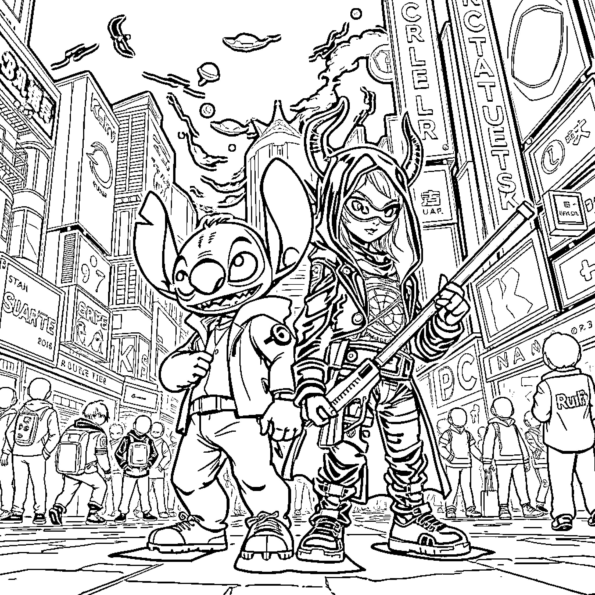 Stitch and Lilo explore the bustling city streets Coloring Page (free black-and-white line drawing printable PDF for all, from beginners to advanced learners, including children, teens, adults, and seniors)