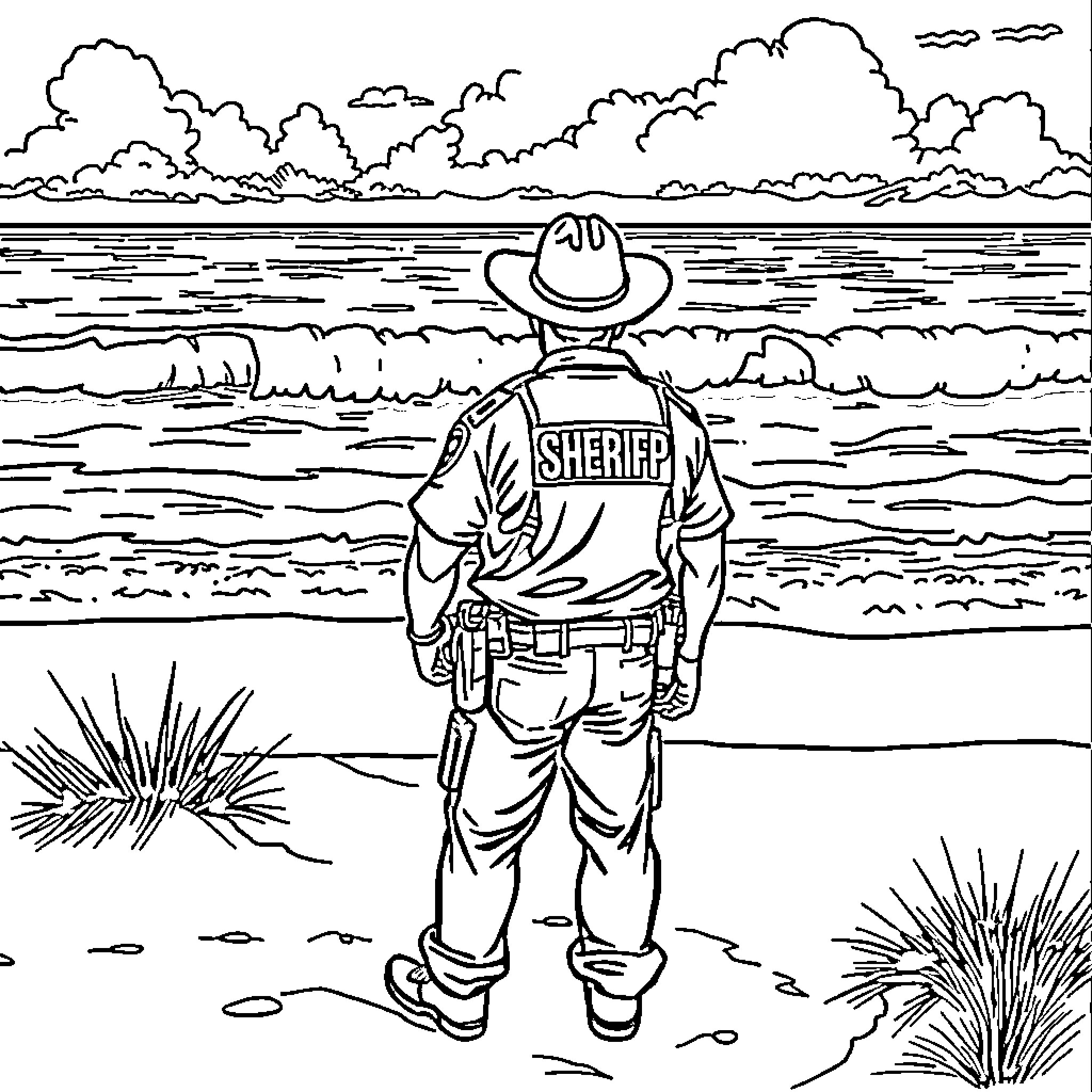 Sheriff surveying the seaside landscape Coloring Page (free black-and-white line drawing printable PDF for all, from beginners to advanced learners, including children, teens, adults, and seniors)
