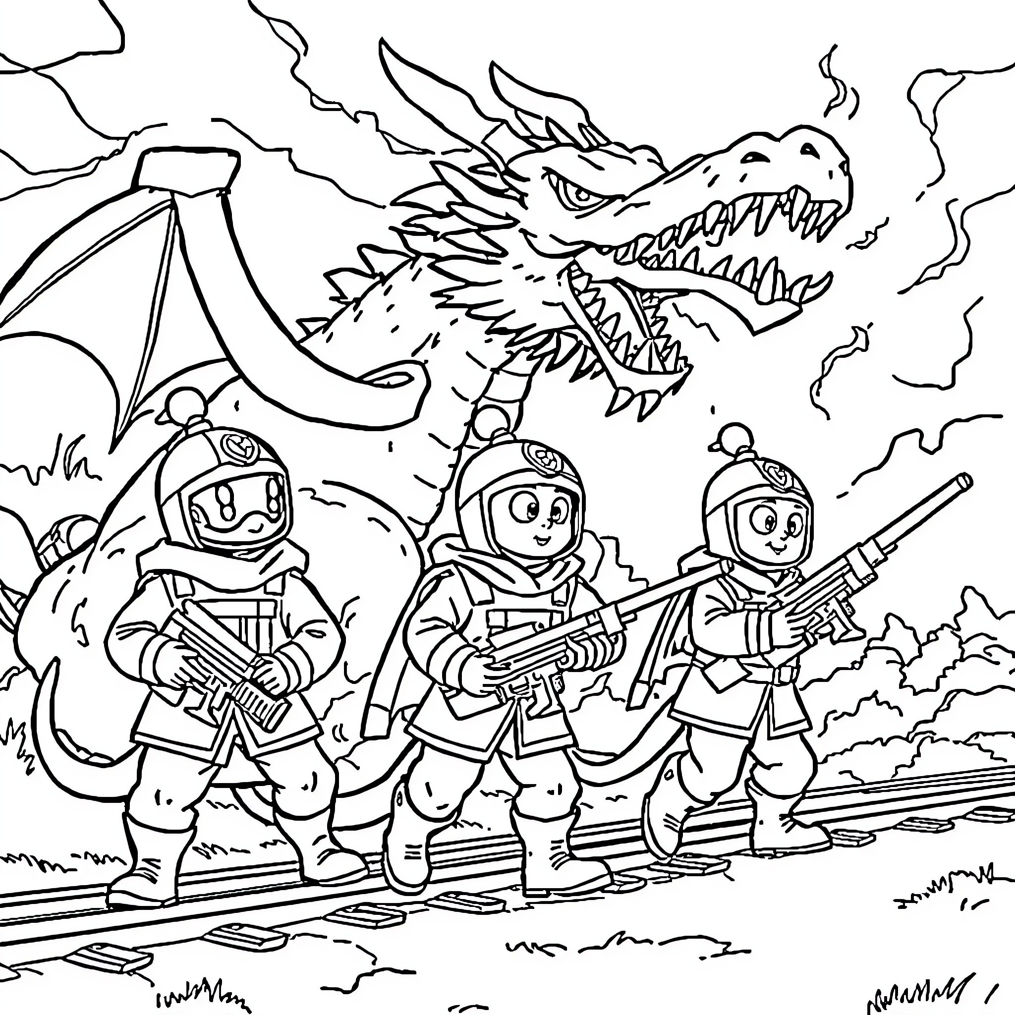 Paw Patrol Team Facing Ferocious Dragon Coloring Page (free black-and-white line drawing printable PDF for all, from beginners to advanced learners, including children, teens, adults, and seniors)