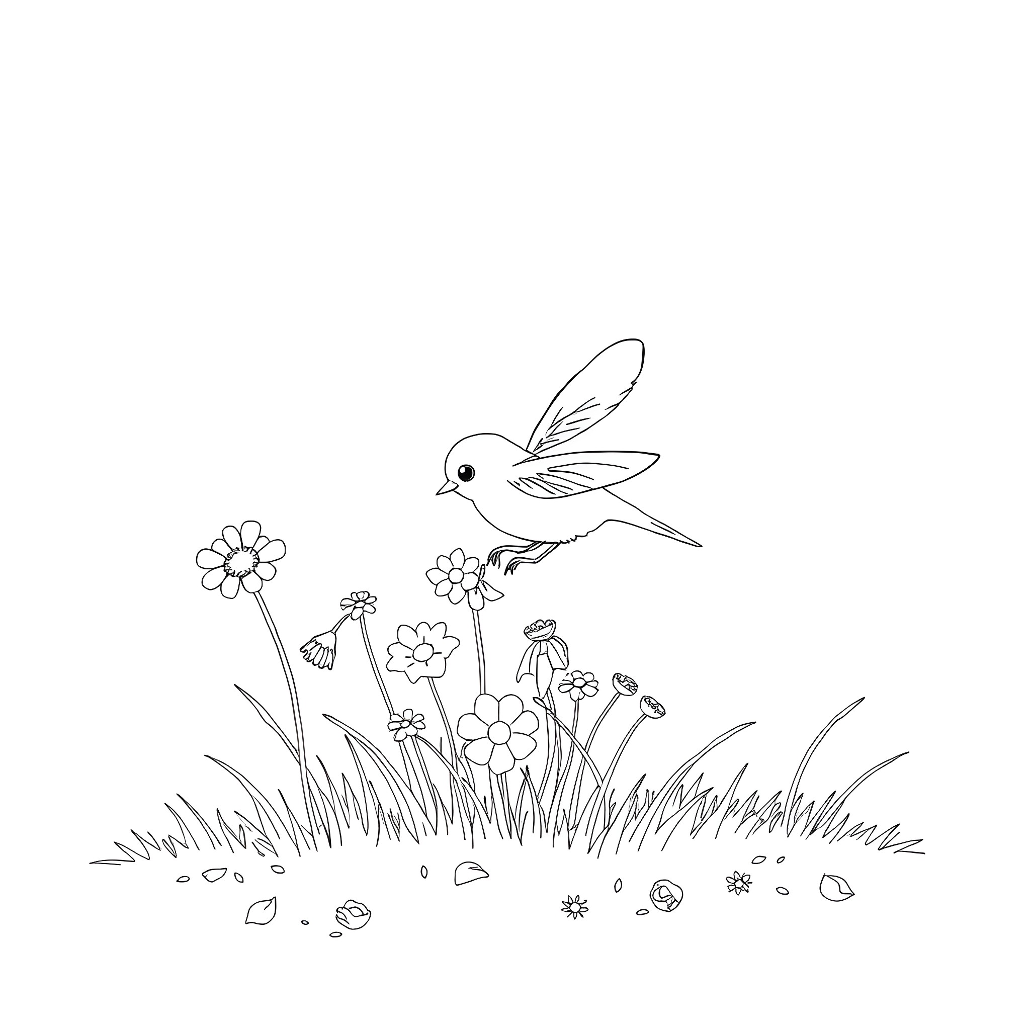 Snitch bird flying among flowers in the meadow Coloring Page (free black-and-white line drawing printable PDF for all, from beginners to advanced learners, including children, teens, adults, and seniors)