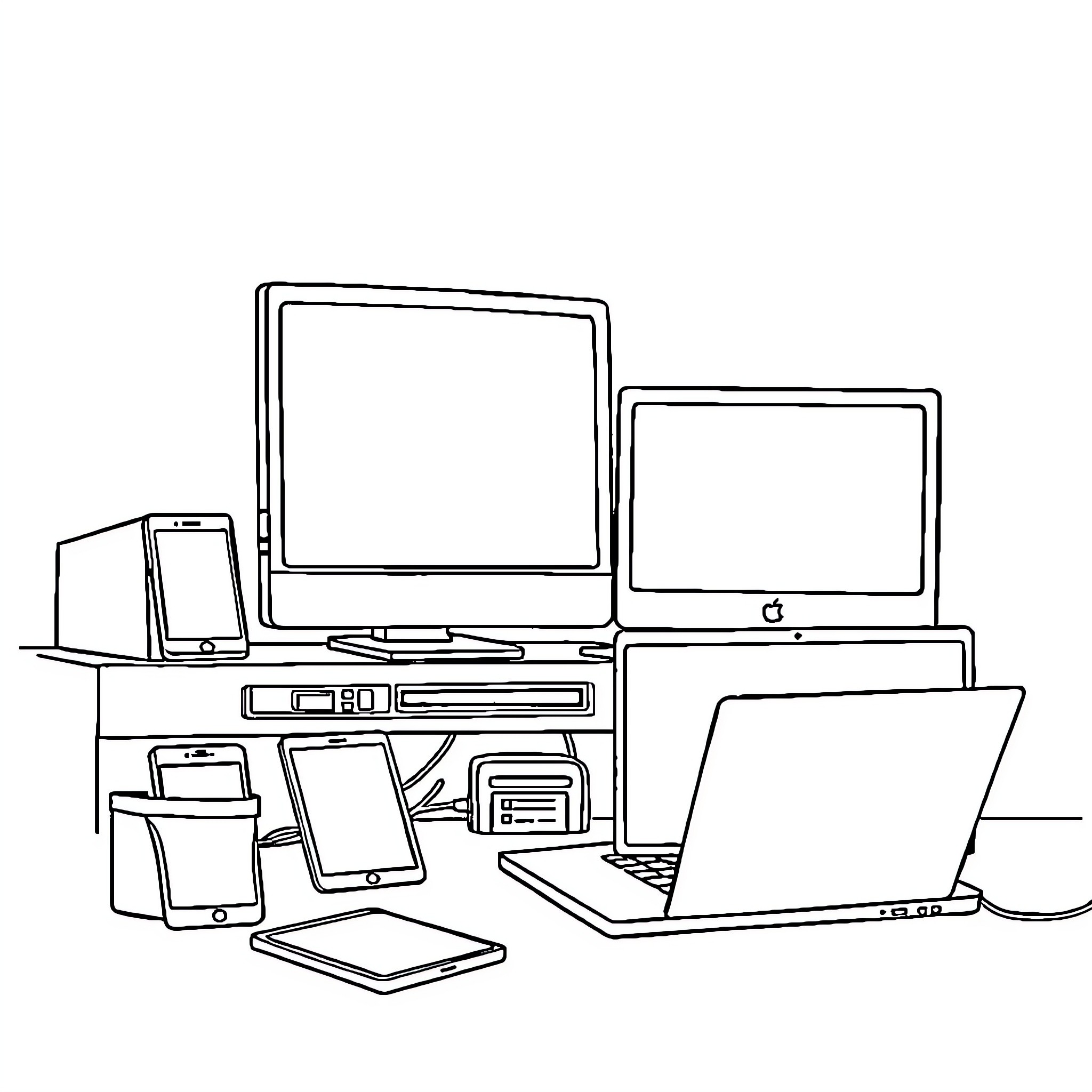 Computer equipment and devices on desk Coloring Page (free black-and-white line drawing printable PDF for all, from beginners to advanced learners, including children, teens, adults, and seniors)