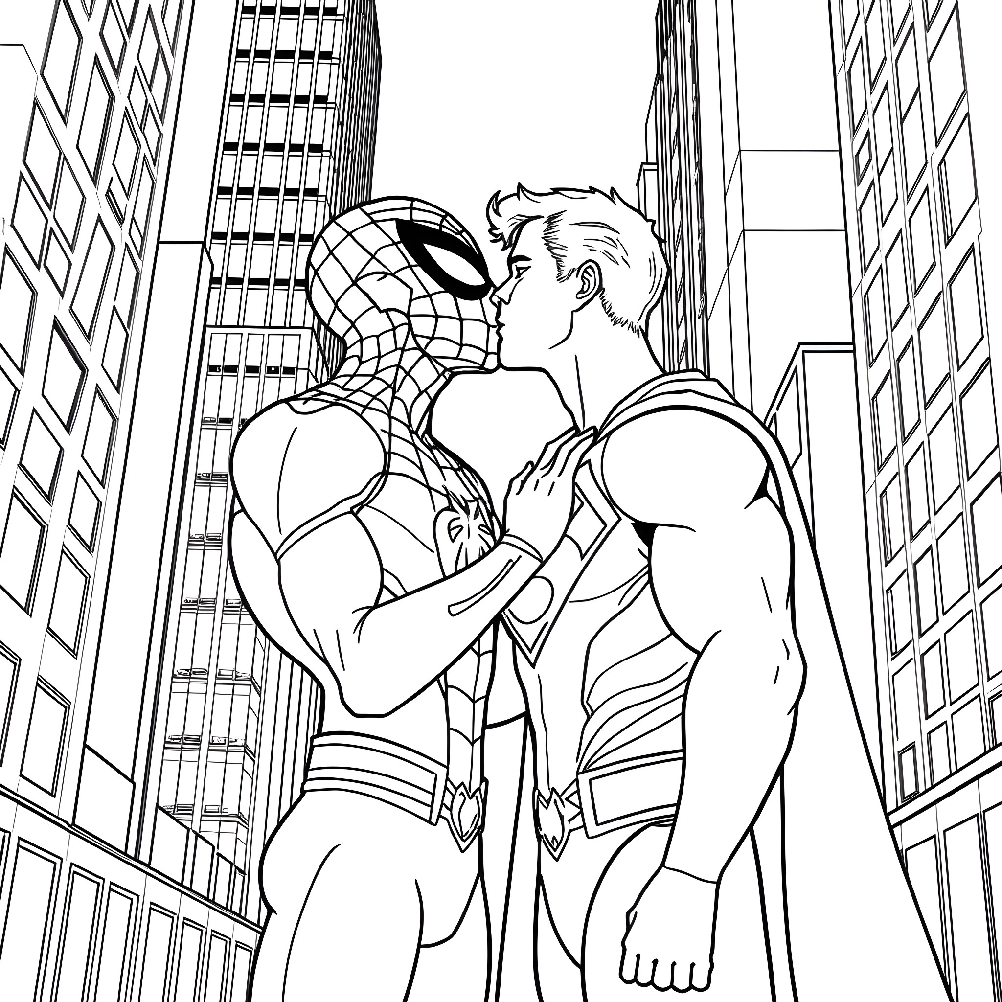 Spider-Man heroically interacting with a friend in the city Coloring Page (free black-and-white line drawing printable PDF for all, from beginners to advanced learners, including children, teens, adults, and seniors)