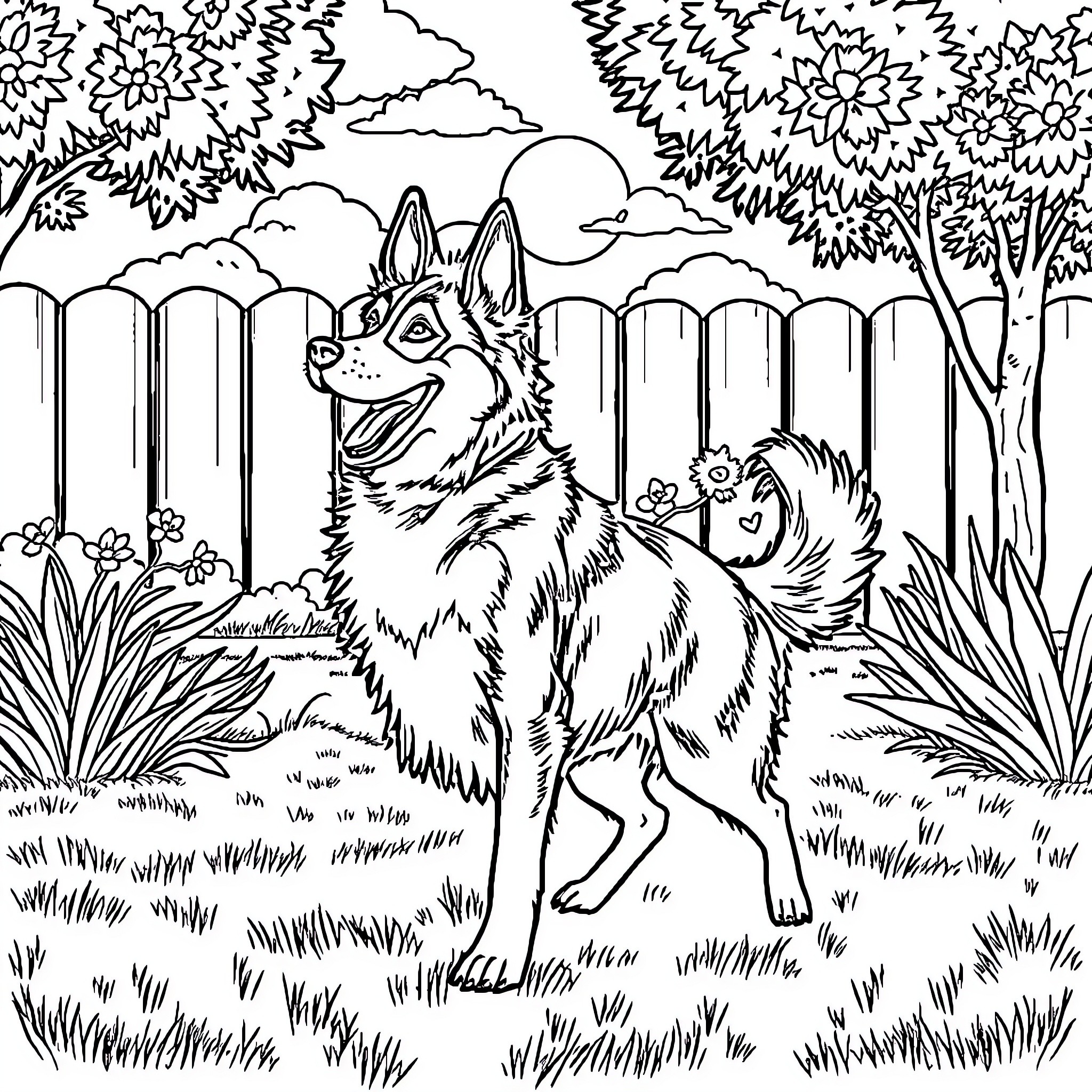 Heeler Herding Energetic Dog in Lush Garden Coloring Page (free black-and-white line drawing printable PDF for all, from beginners to advanced learners, including children, teens, adults, and seniors)