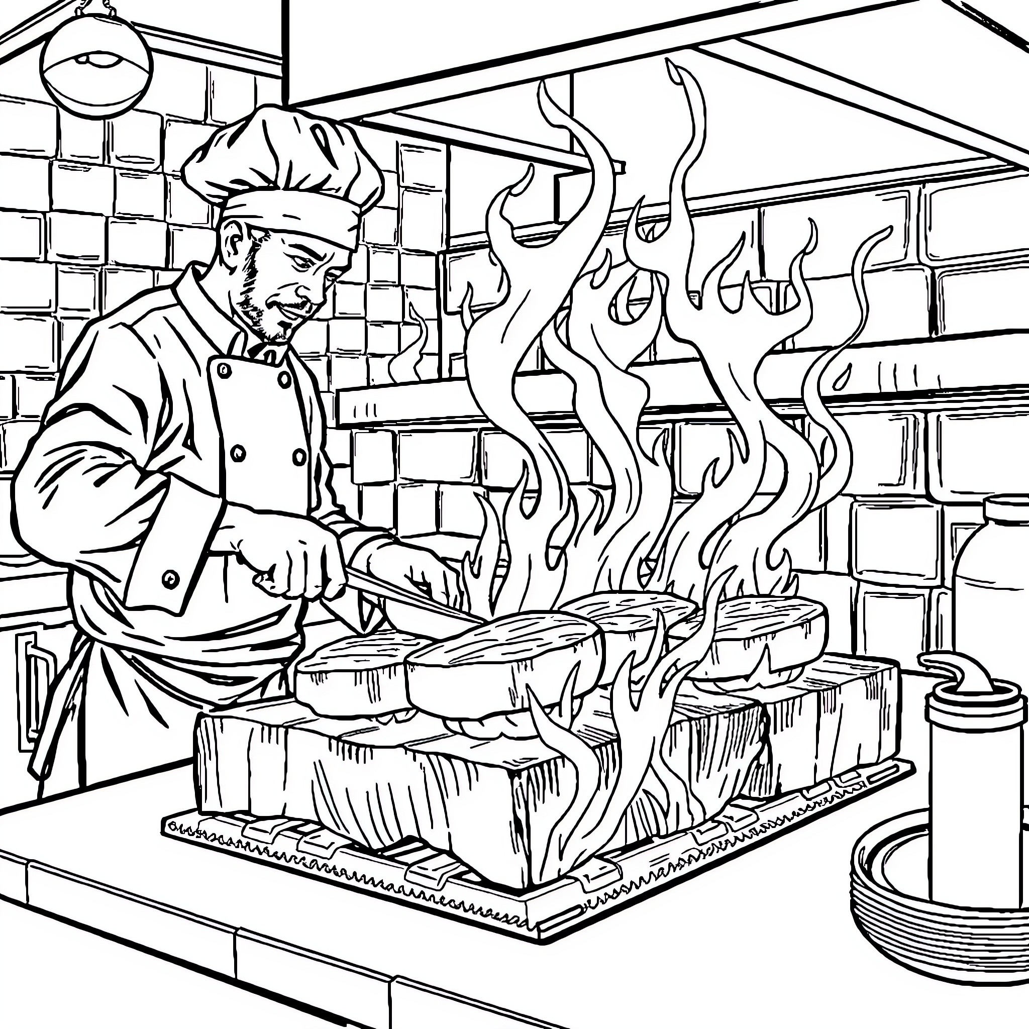Chef Cooking with Passion in the Kitchen Coloring Page (free black-and-white line drawing printable PDF for all, from beginners to advanced learners, including children, teens, adults, and seniors)