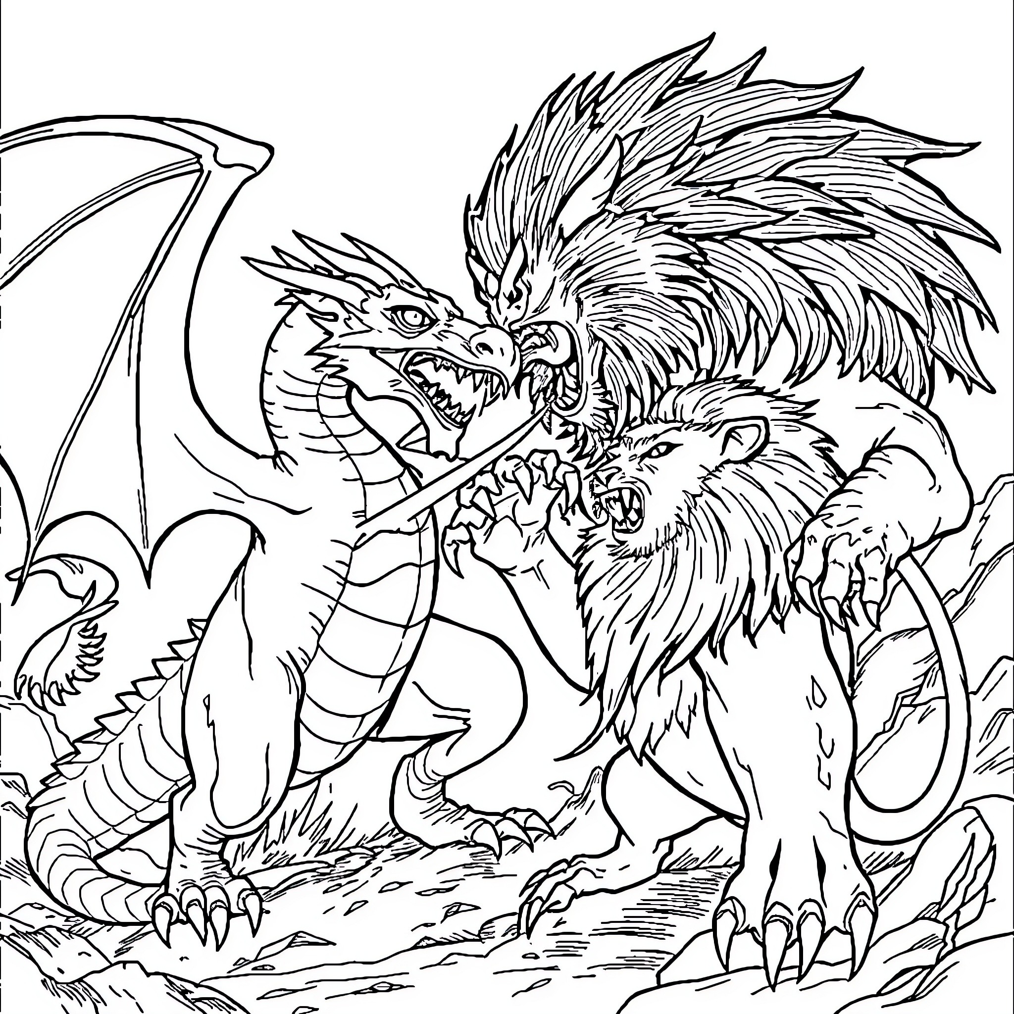 Dragon with Majestic Wings and Ferocious Claws Coloring Page (free black-and-white line drawing printable PDF for all, from beginners to advanced learners, including children, teens, adults, and seniors)