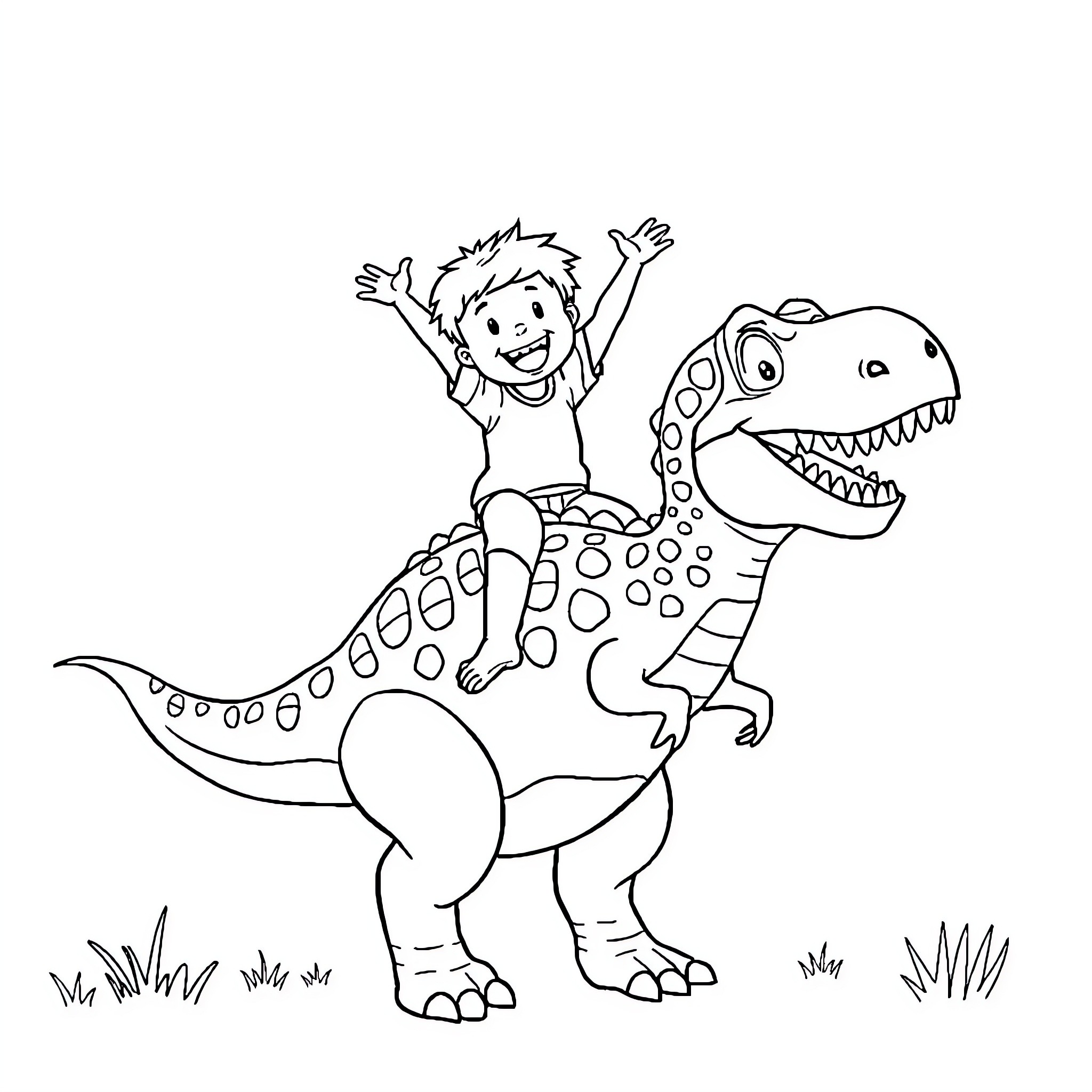 Dinosaur Ride with Joyful Child Coloring Page (free black-and-white line drawing printable PDF for all, from beginners to advanced learners, including children, teens, adults, and seniors)