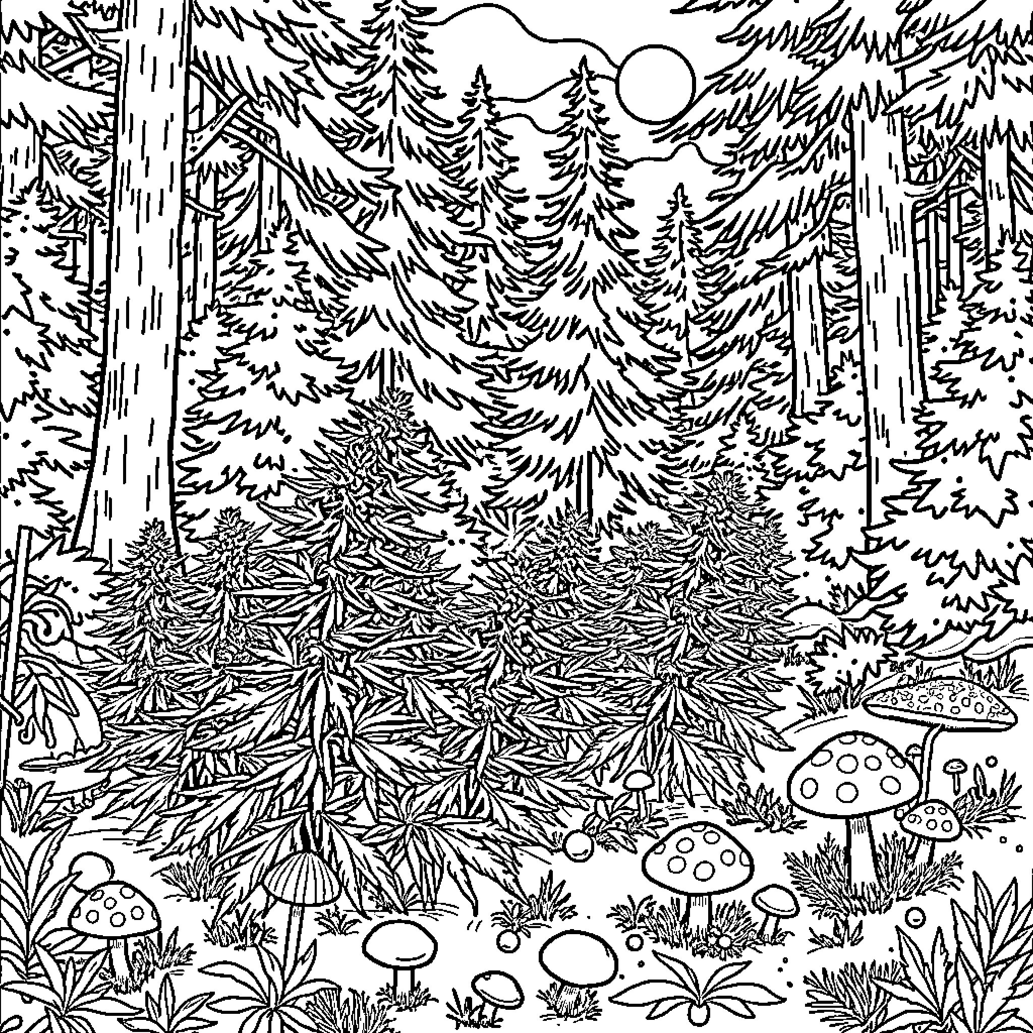 Cannabis plants growing in the enchanted forest Coloring Page (free black-and-white line drawing printable PDF for all, from beginners to advanced learners, including children, teens, adults, and seniors)