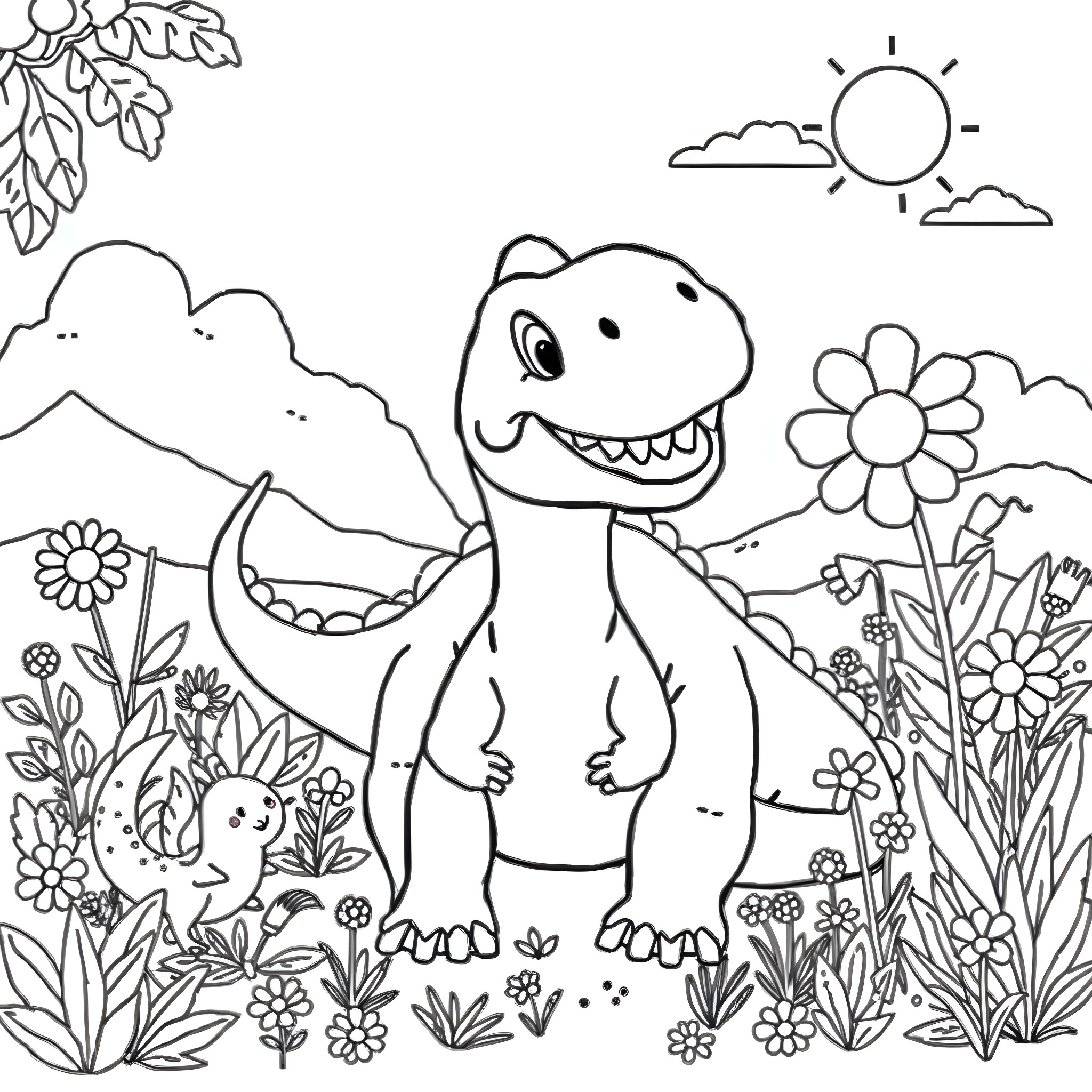 Dinosaur enjoying nature in a lush landscape Coloring Page (free black-and-white line drawing printable PDF for all, from beginners to advanced learners, including children, teens, adults, and seniors)