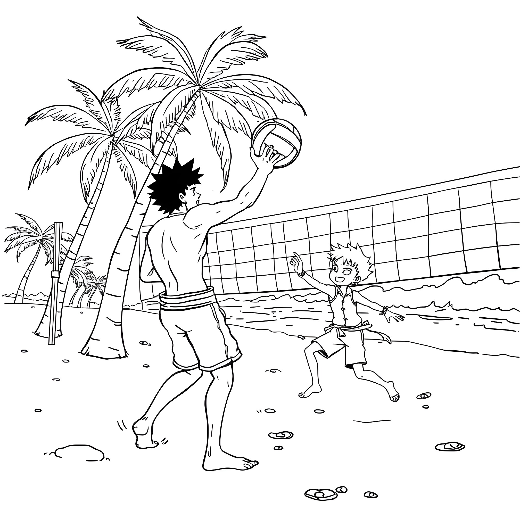 Zoro playing volleyball with friends on a tropical beach Coloring Page (free black-and-white line drawing printable PDF for all, from beginners to advanced learners, including children, teens, adults, and seniors)