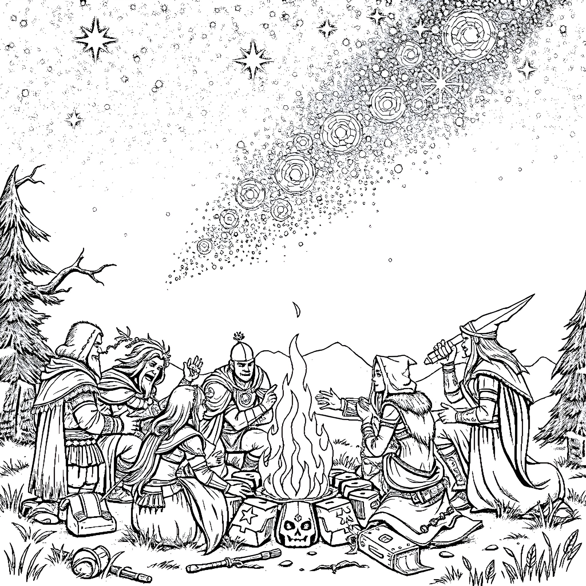 Hero Adventurers Gathered Around the Campfire Coloring Page (free black-and-white line drawing printable PDF for all, from beginners to advanced learners, including children, teens, adults, and seniors)