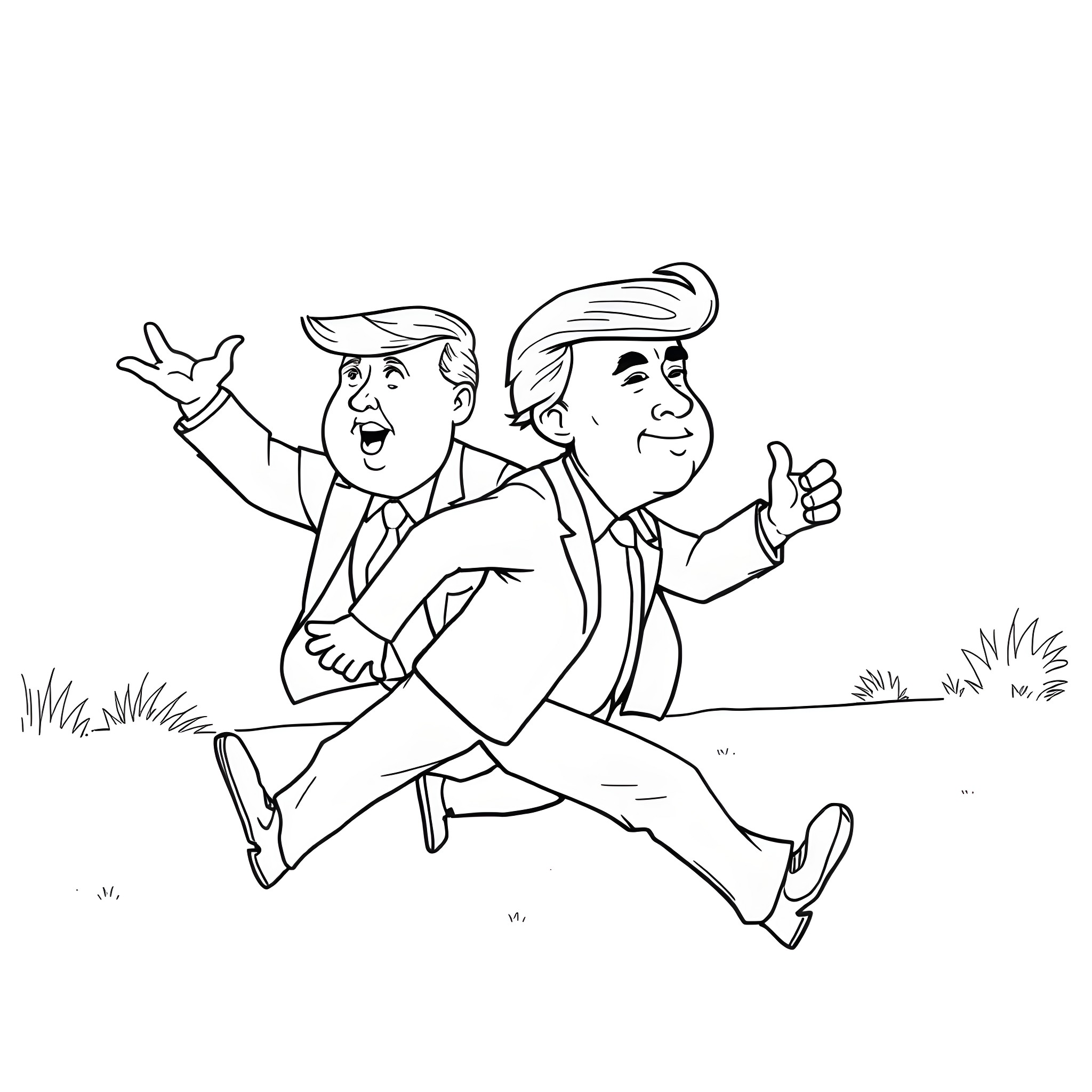 Donald Trump and his political rival running happily together Coloring Page (free black-and-white line drawing printable PDF for all, from beginners to advanced learners, including children, teens, adults, and seniors)