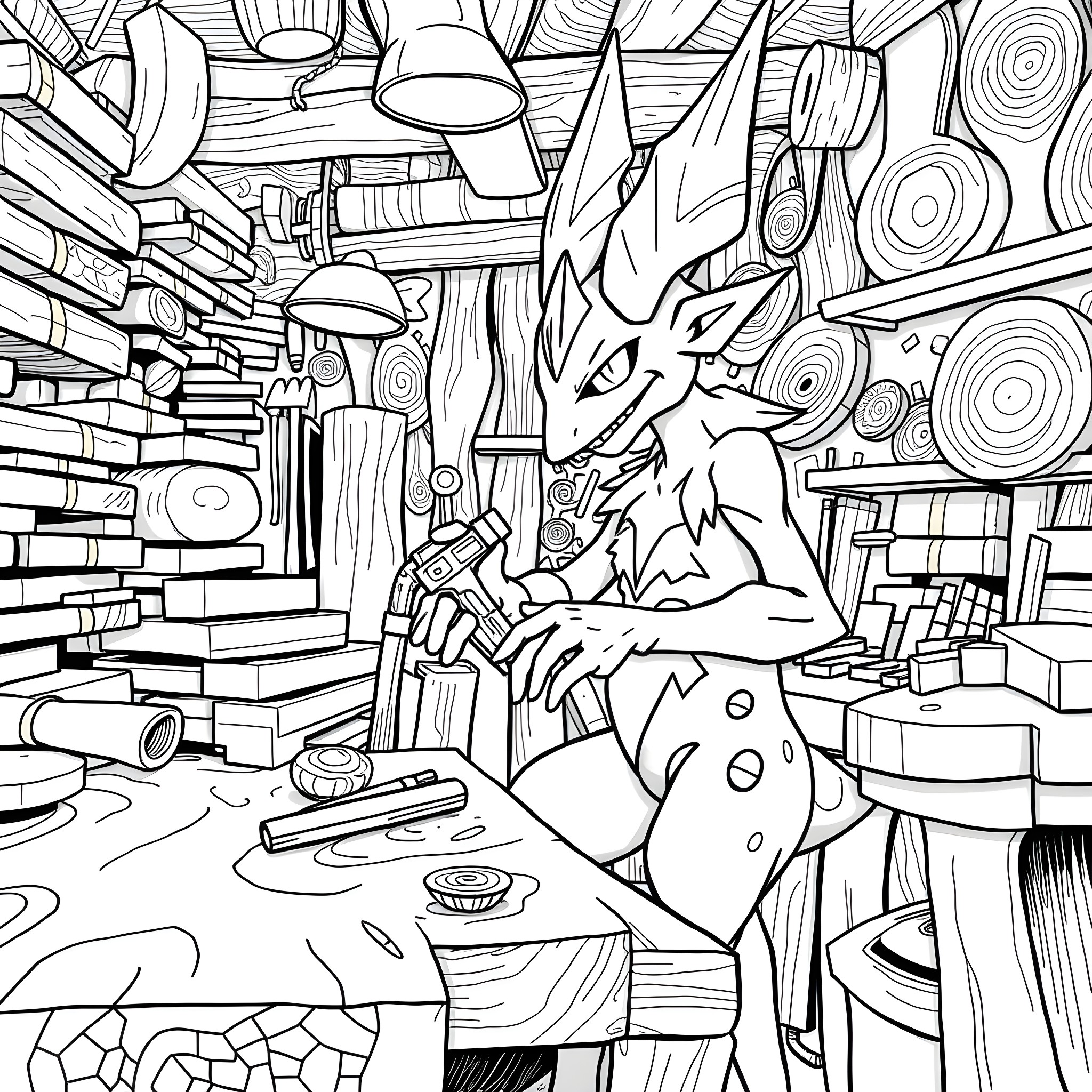 Alakazam's Enchanted Workshop Coloring Page (free black-and-white line drawing printable PDF for all, from beginners to advanced learners, including children, teens, adults, and seniors)