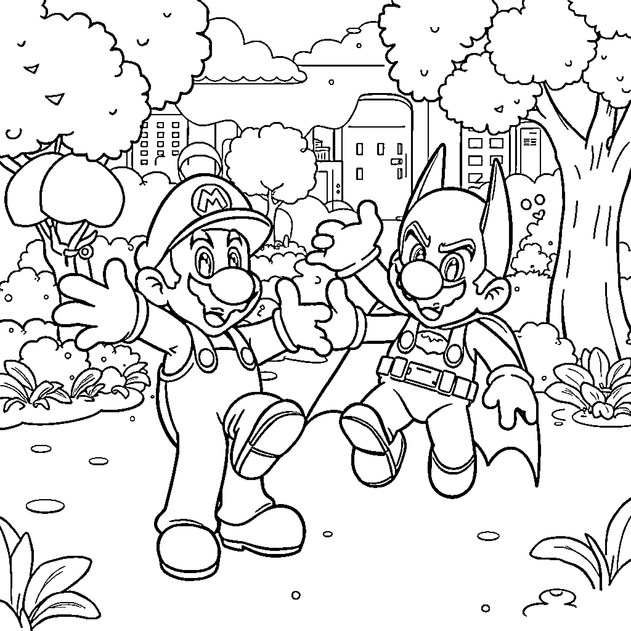 Mario and Luigi's Adventurous Outing in the Mushroom Kingdom Coloring Page (free black-and-white line drawing printable PDF for all, from beginners to advanced learners, including children, teens, adults, and seniors)