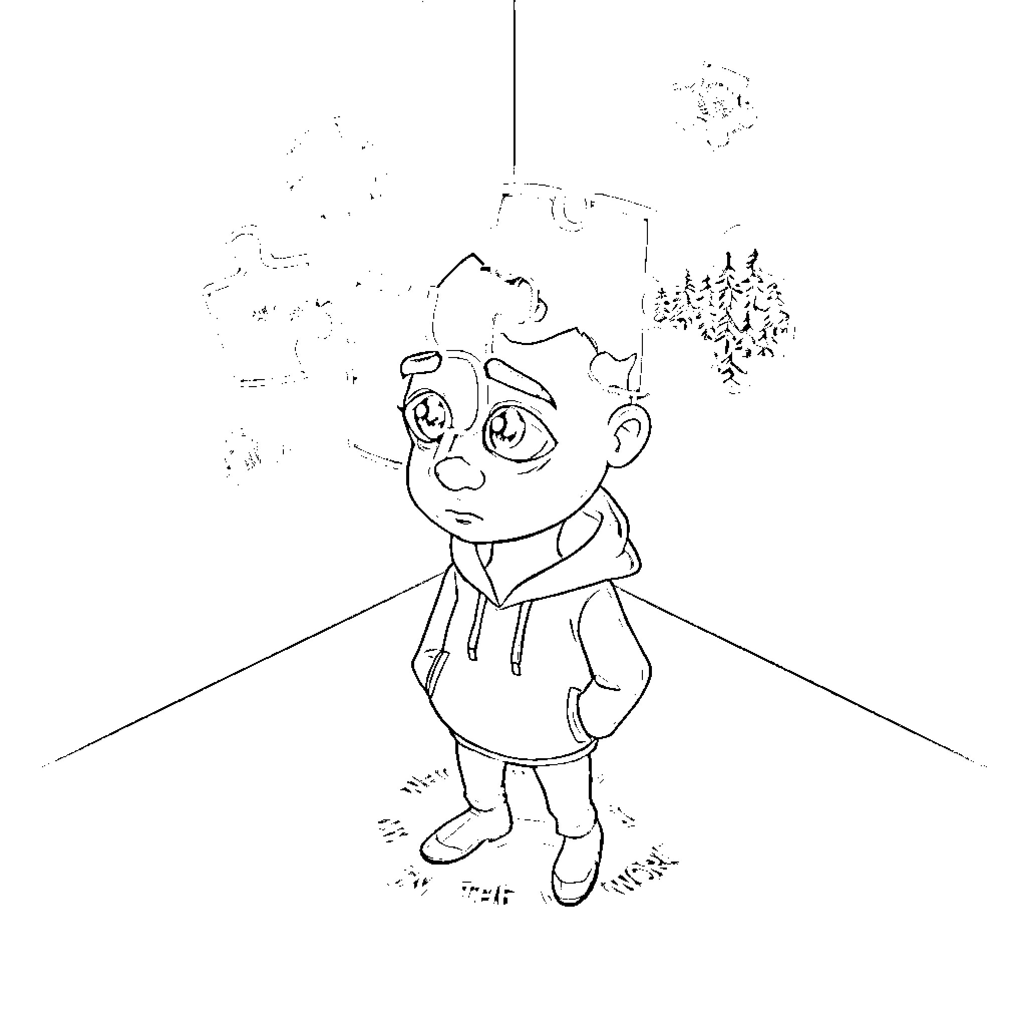 Pepe the Confused Boy in a Whimsical Landscape Coloring Page (free black-and-white line drawing printable PDF for all, from beginners to advanced learners, including children, teens, adults, and seniors)