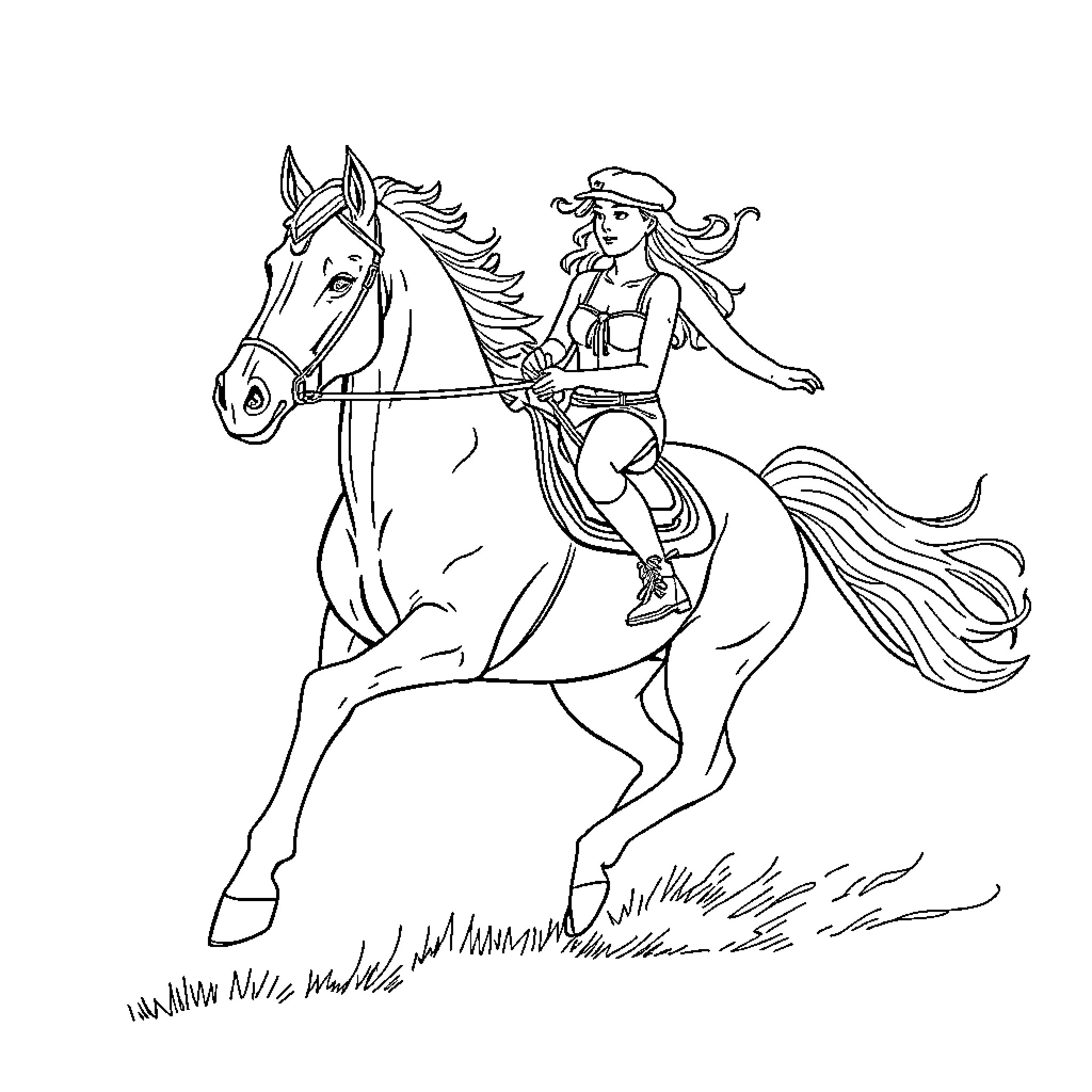 Horse and Rider Riding Across the Field Coloring Page (free black-and-white line drawing printable PDF for all, from beginners to advanced learners, including children, teens, adults, and seniors)