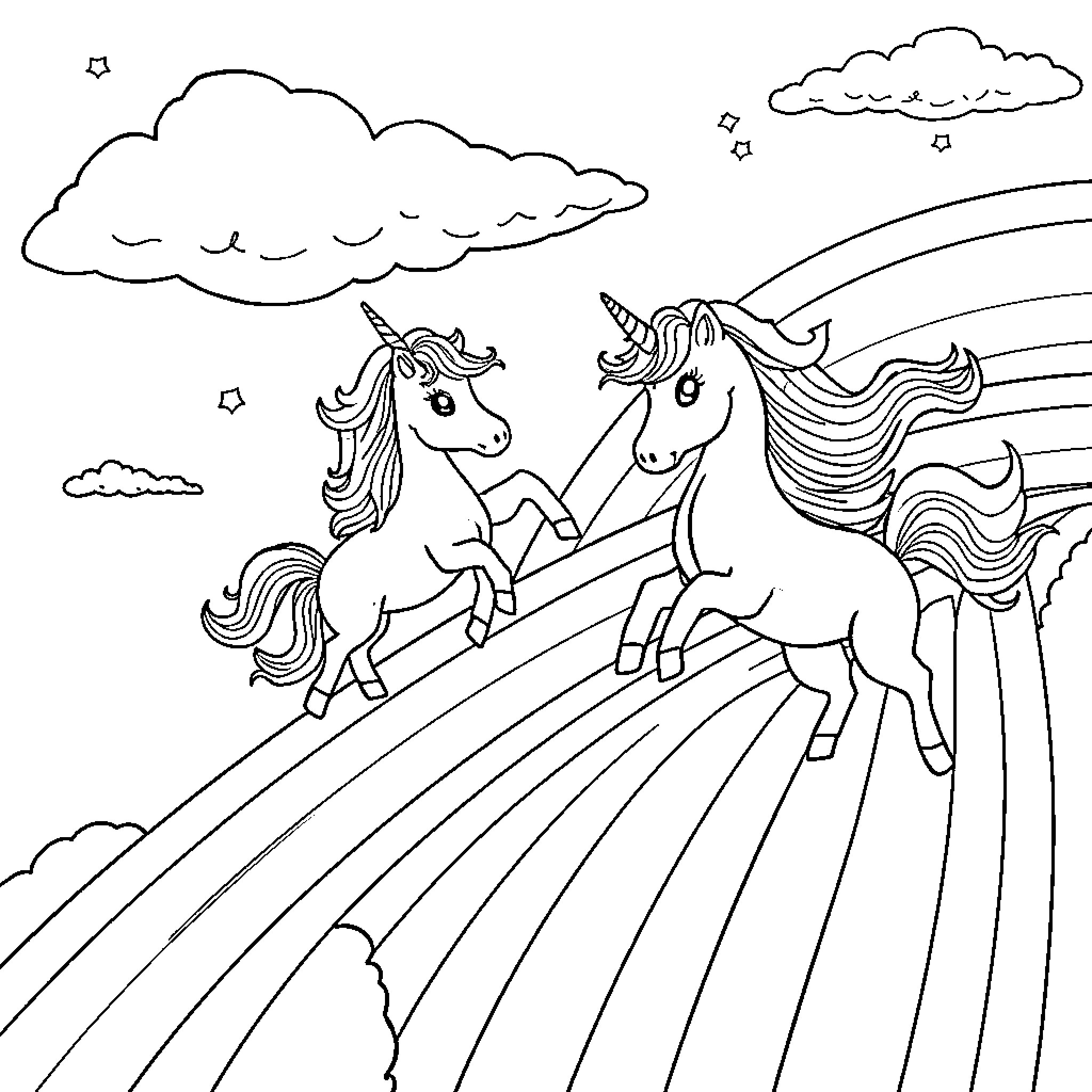 Unicorn friends galloping under the rainbow Coloring Page (free black-and-white line drawing printable PDF for all, from beginners to advanced learners, including children, teens, adults, and seniors)