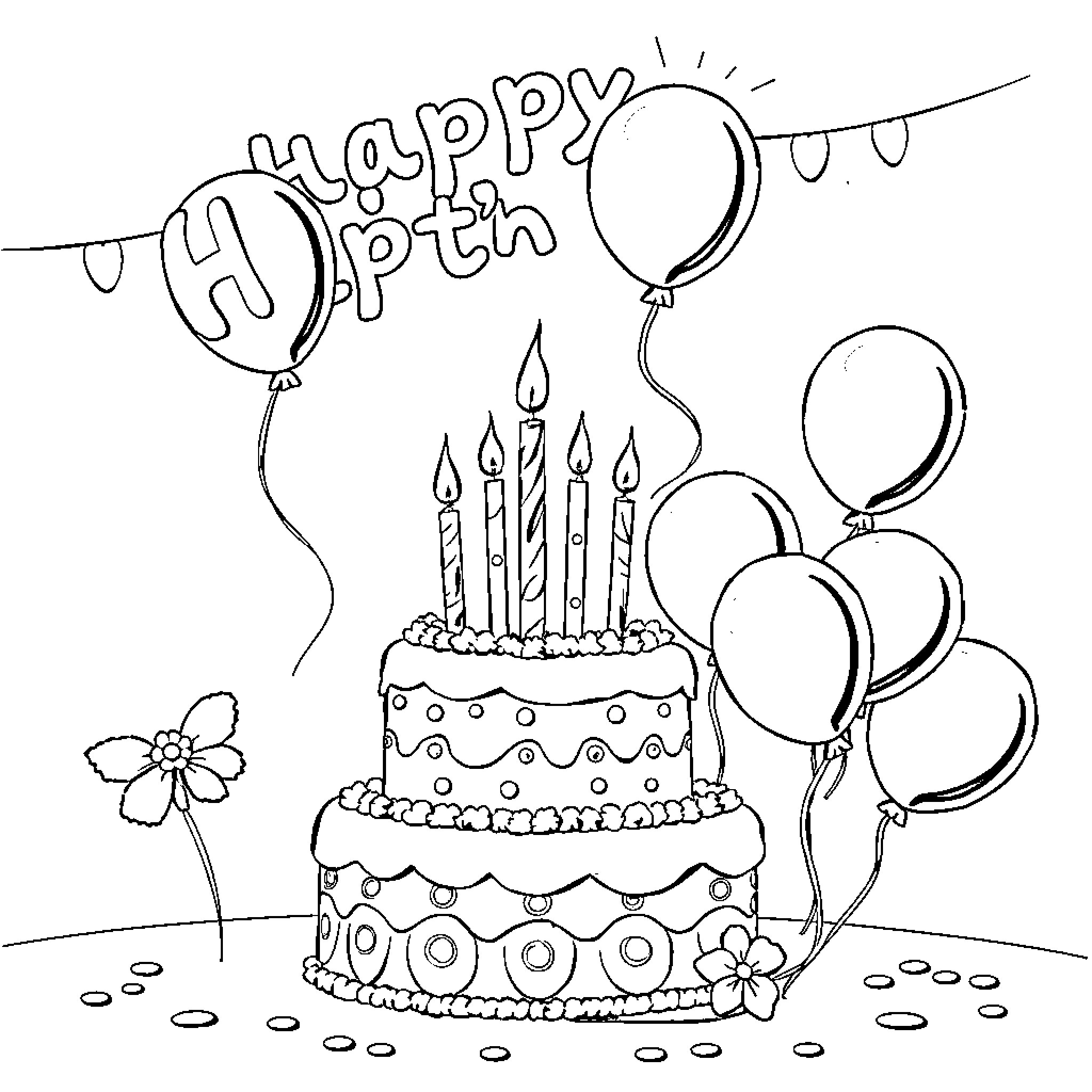 Anniversary celebration with festive cake and balloons Coloring Page (free black-and-white line drawing printable PDF for all, from beginners to advanced learners, including children, teens, adults, and seniors)