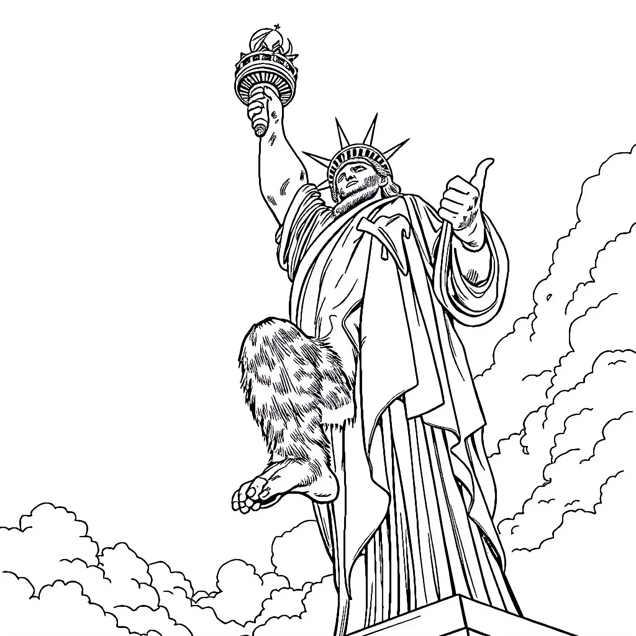 Bigfoot Stands Tall at the Statue of Liberty Coloring Page (free black-and-white line drawing printable PDF for all, from beginners to advanced learners, including children, teens, adults, and seniors)