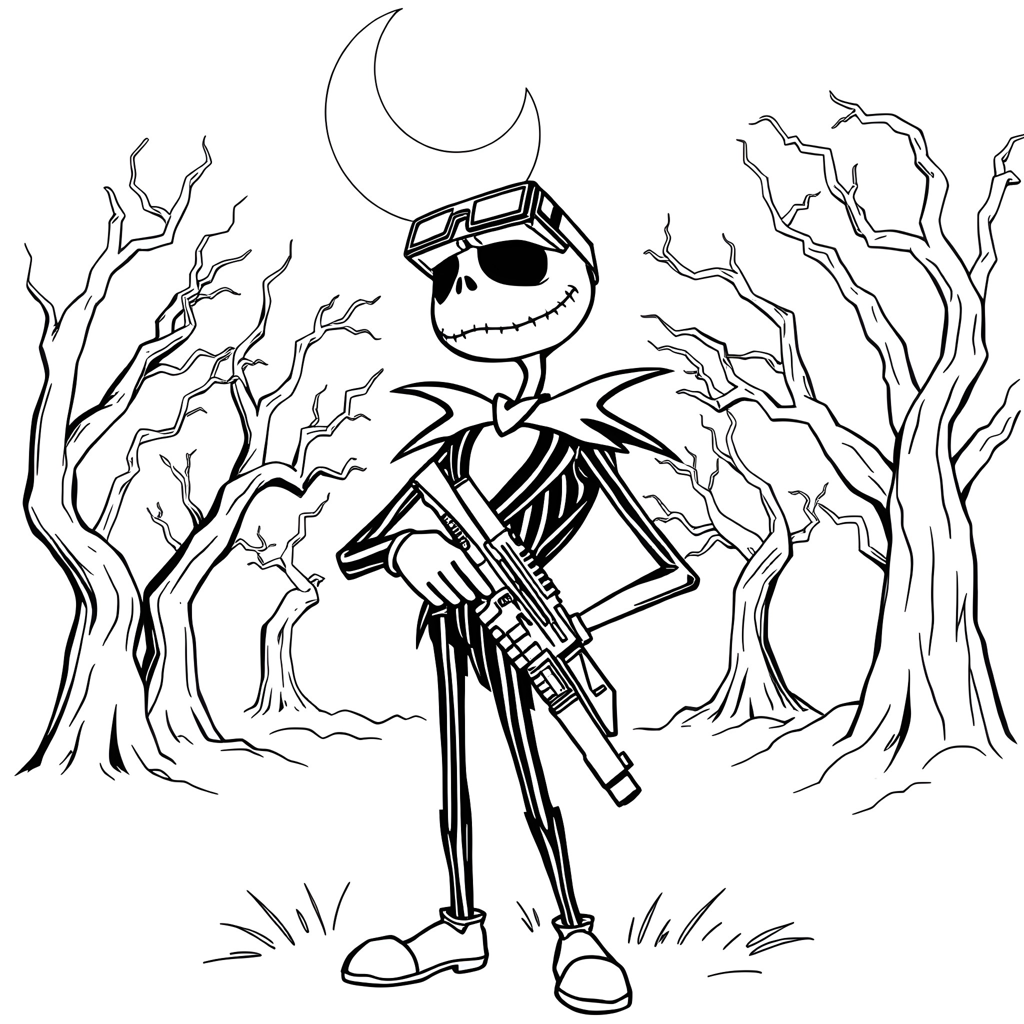 Jack Skellington wielding a gun in a haunting forest Coloring Page (free black-and-white line drawing printable PDF for all, from beginners to advanced learners, including children, teens, adults, and seniors)