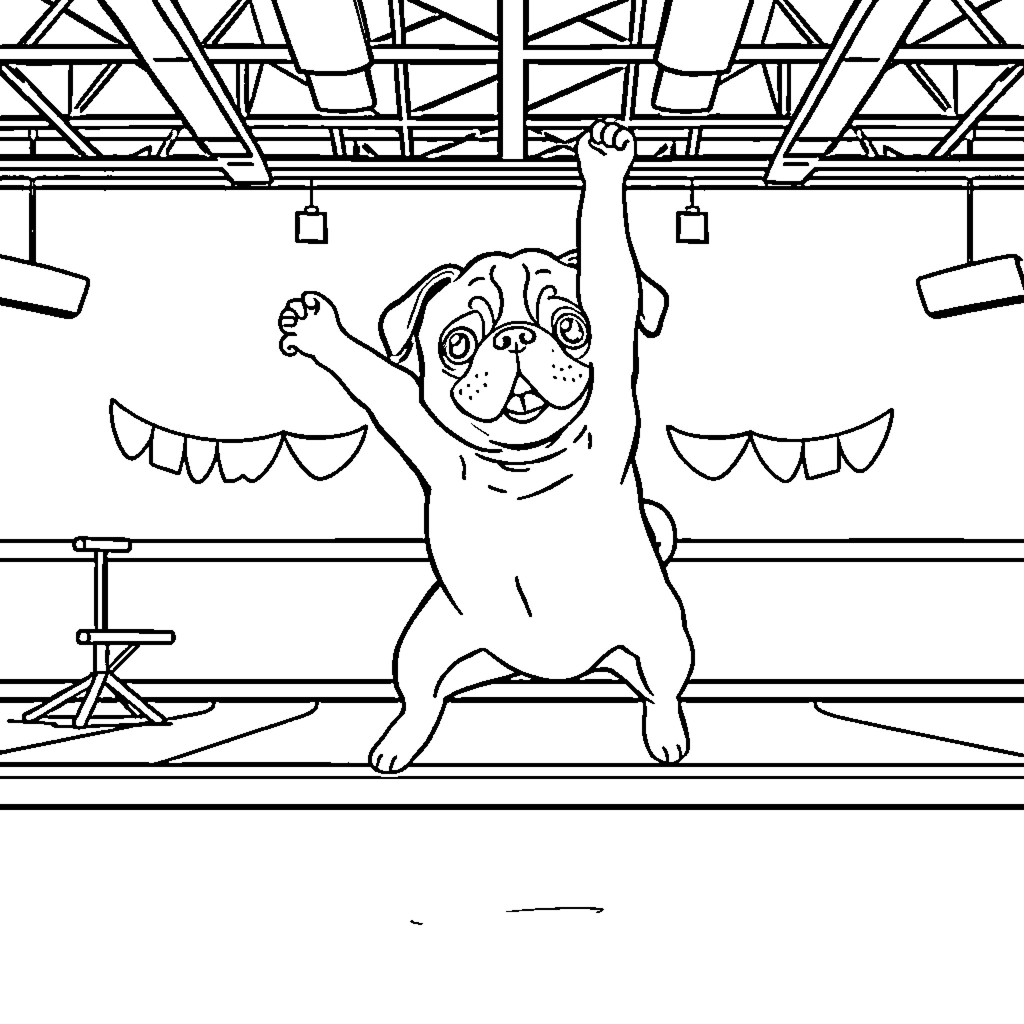 Pug dog celebrating joyfully in gym Coloring Page (free black-and-white line drawing printable PDF for all, from beginners to advanced learners, including children, teens, adults, and seniors)