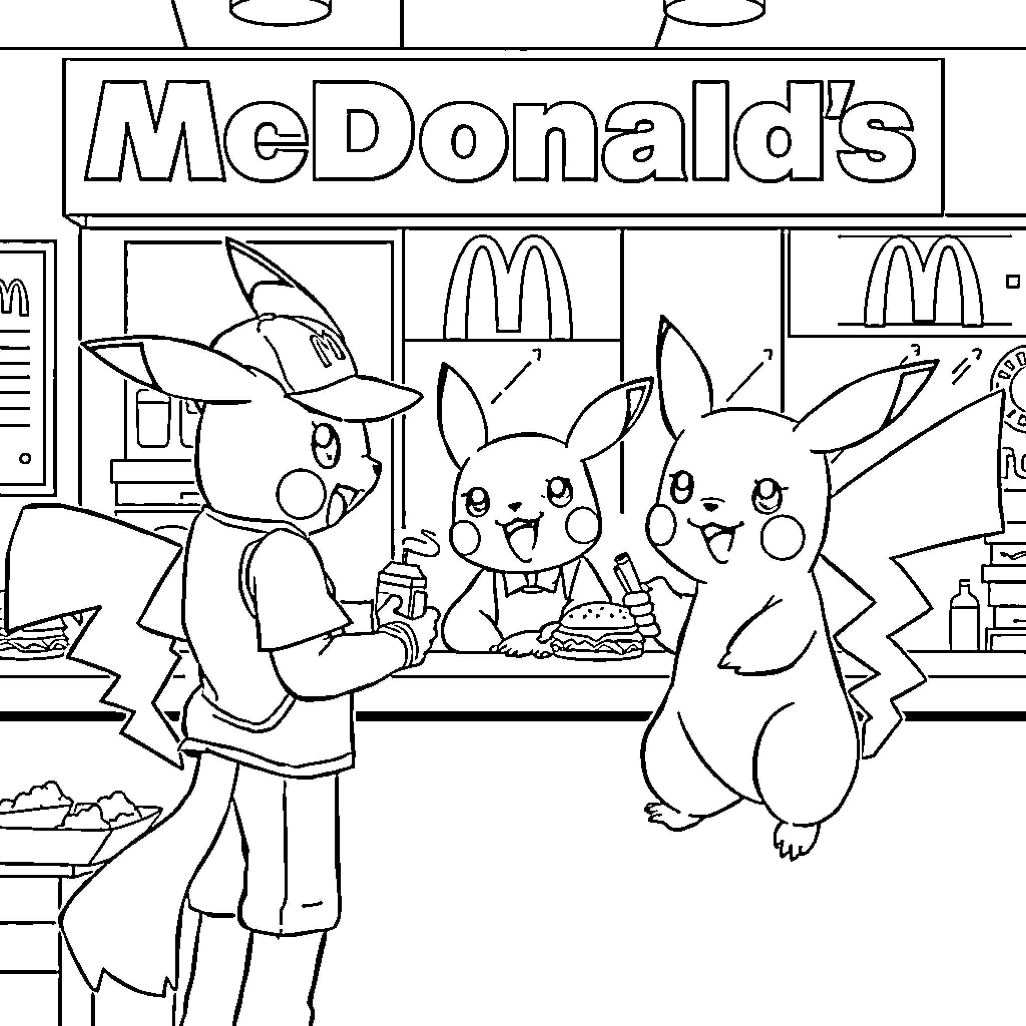 Pokémon characters visiting McDonald's restaurant Coloring Page (free black-and-white line drawing printable PDF for all, from beginners to advanced learners, including children, teens, adults, and seniors)