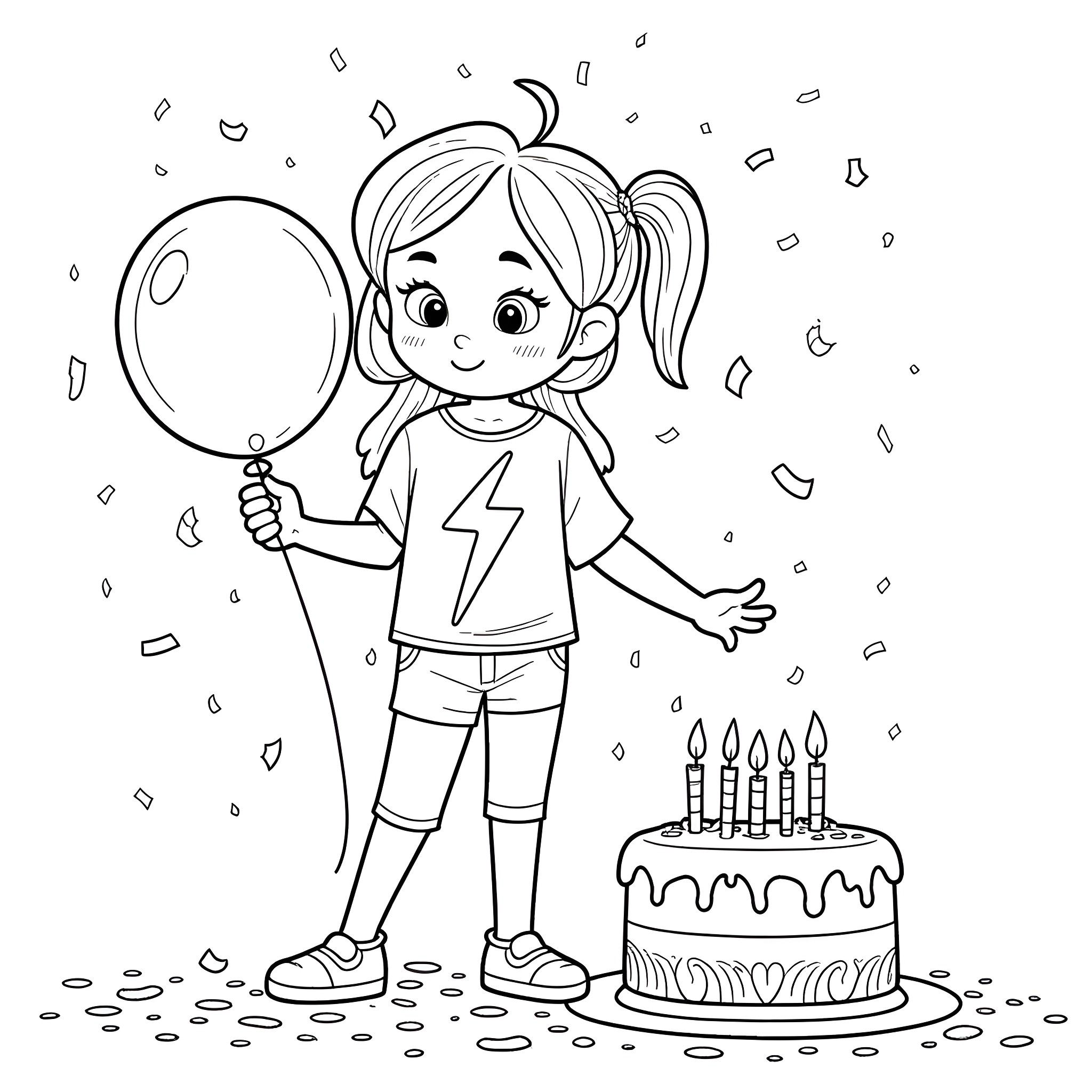 Girl celebrating birthday with balloons and cake Coloring Page (free black-and-white line drawing printable PDF for all, from beginners to advanced learners, including children, teens, adults, and seniors)