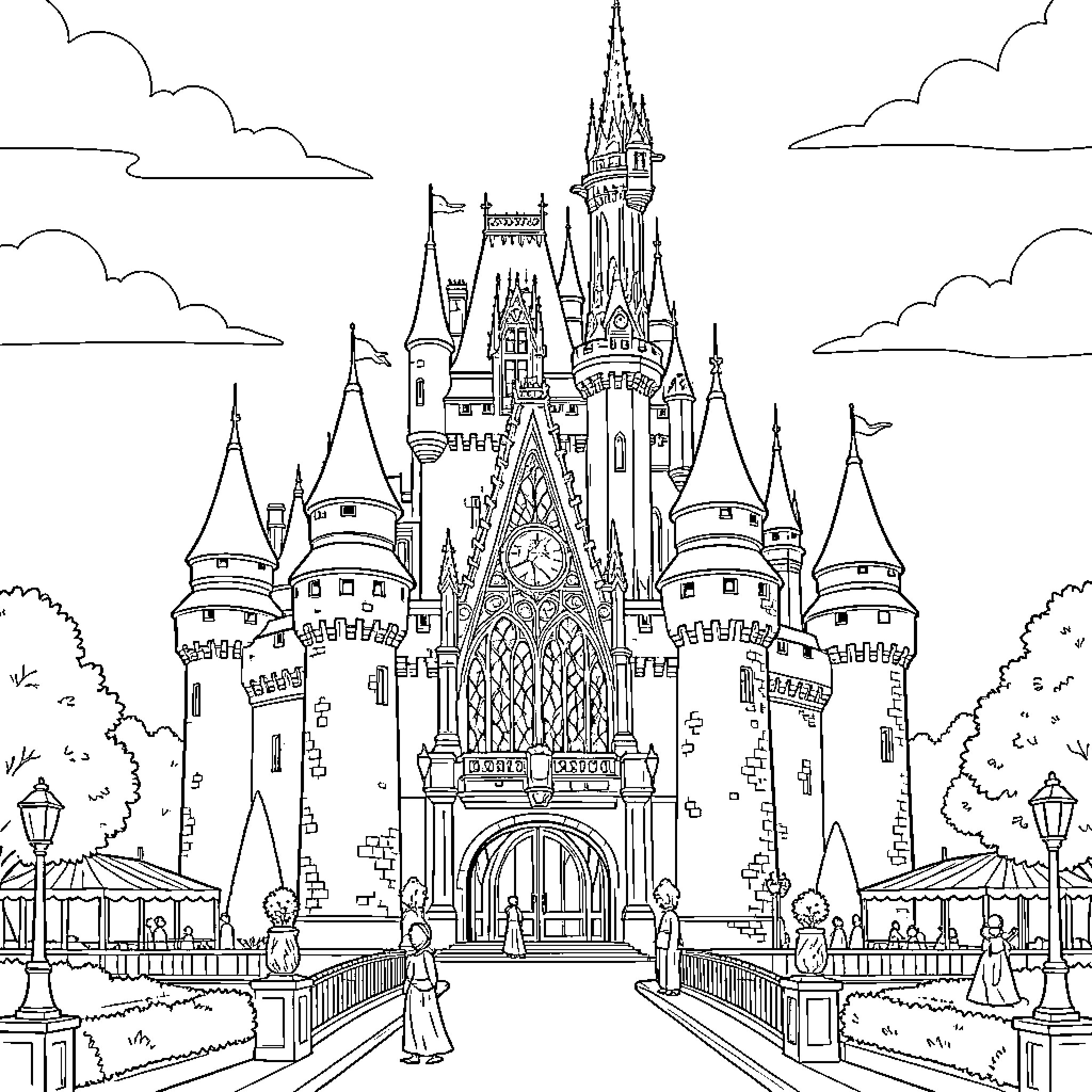 Château of Magnificent Spires and Intricate Details Coloring Page (free black-and-white line drawing printable PDF for all, from beginners to advanced learners, including children, teens, adults, and seniors)