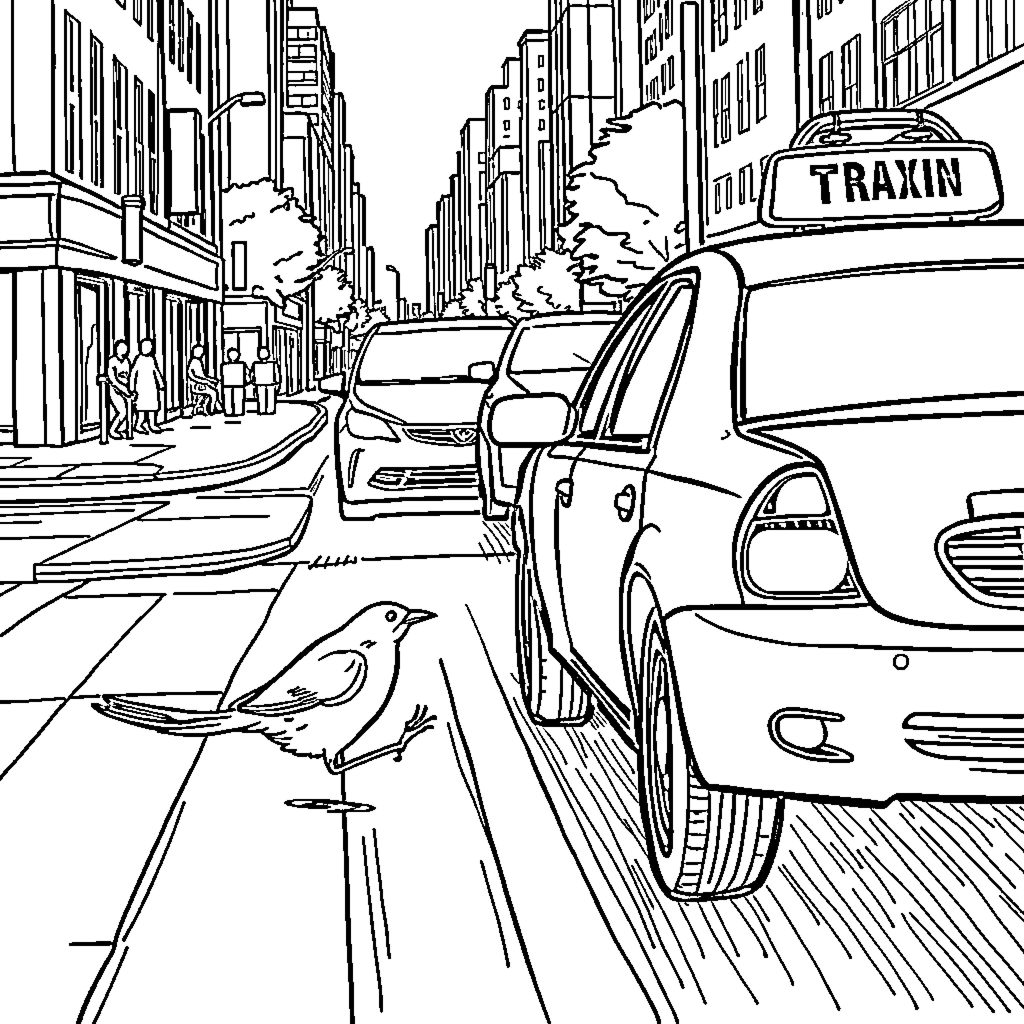 Bird on the Street with Traxin Vehicle Coloring Page (free black-and-white line drawing printable PDF for all, from beginners to advanced learners, including children, teens, adults, and seniors)