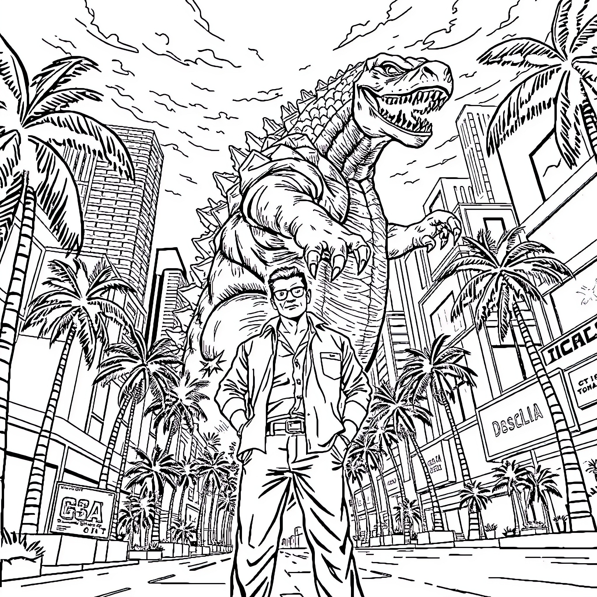 Tommy Vercetti explores the city amidst a towering dinosaur threat Coloring Page (free black-and-white line drawing printable PDF for all, from beginners to advanced learners, including children, teens, adults, and seniors)