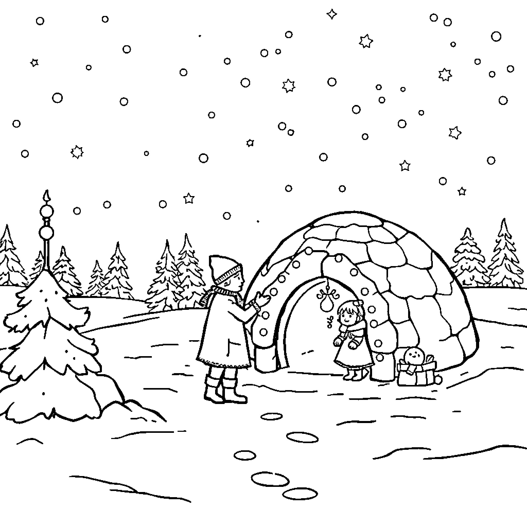Igloo in the Snowy Winter Landscape Coloring Page (free black-and-white line drawing printable PDF for all, from beginners to advanced learners, including children, teens, adults, and seniors)
