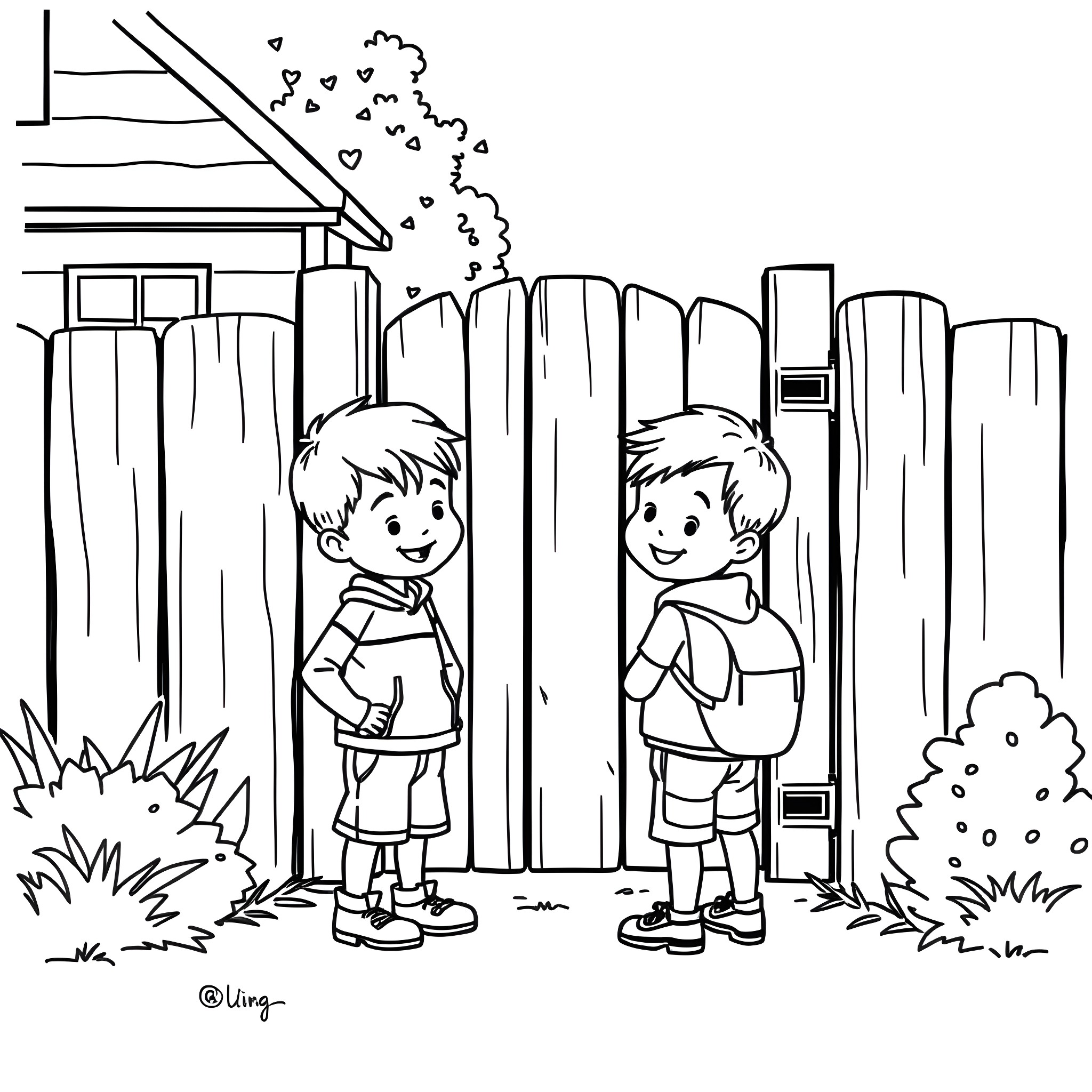 Boy playing with friend outside their home Coloring Page (free black-and-white line drawing printable PDF for all, from beginners to advanced learners, including children, teens, adults, and seniors)