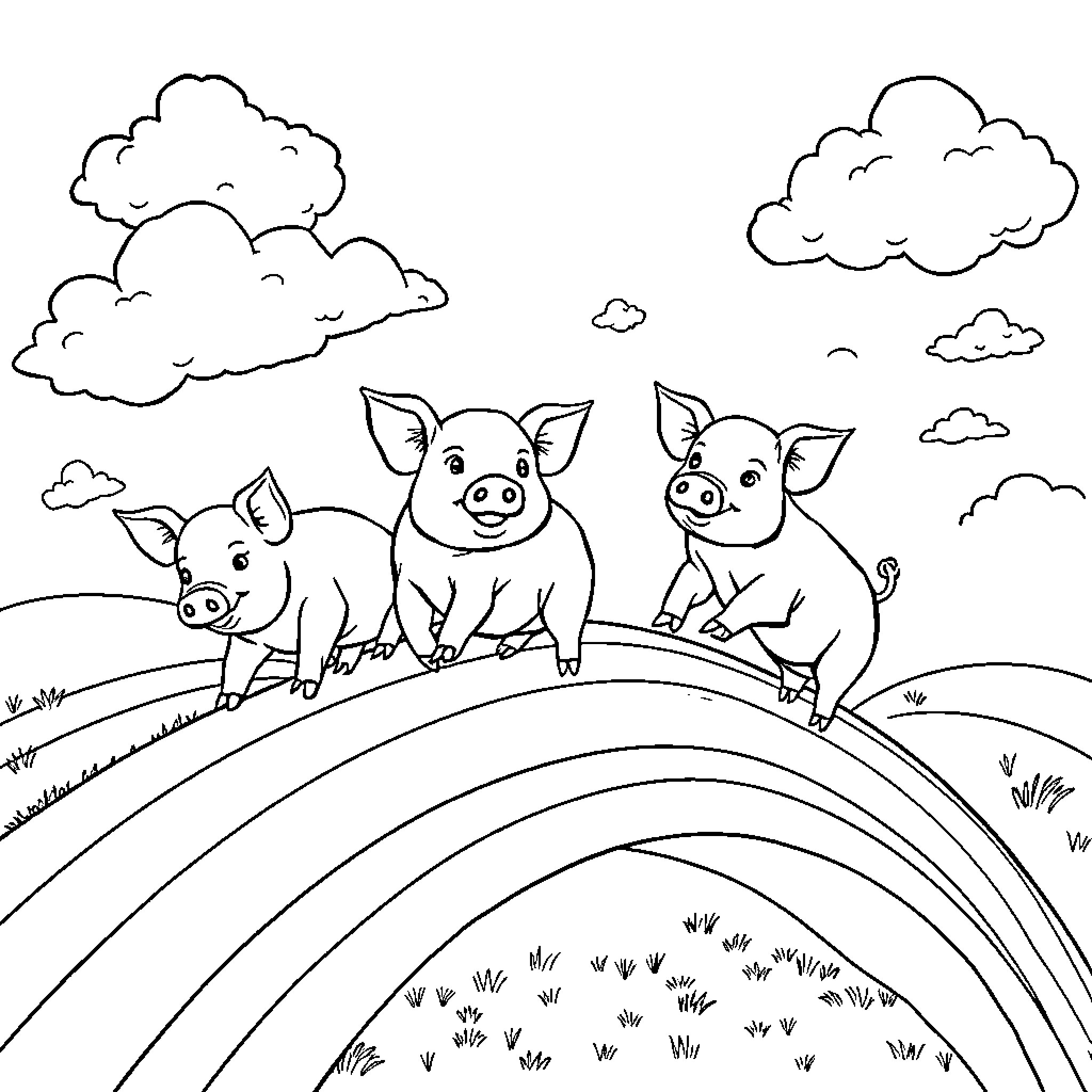Pigs playing joyfully on a grassy hill Coloring Page (free black-and-white line drawing printable PDF for all, from beginners to advanced learners, including children, teens, adults, and seniors)