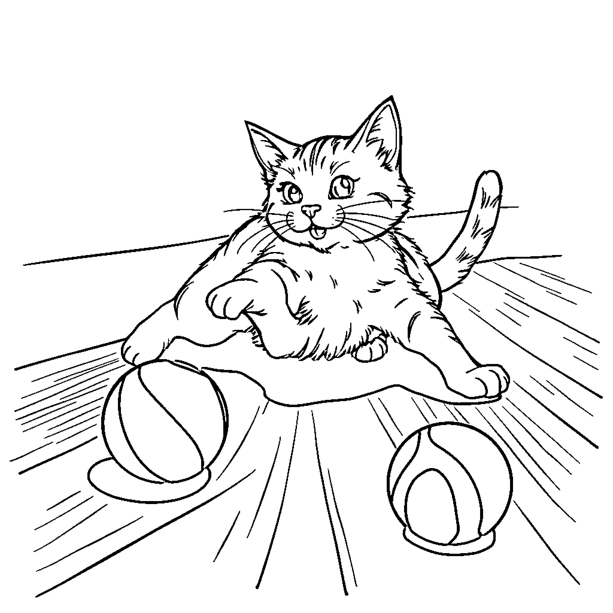 Cat playing with toy ball on a surface Coloring Page (free black-and-white line drawing printable PDF for all, from beginners to advanced learners, including children, teens, adults, and seniors)