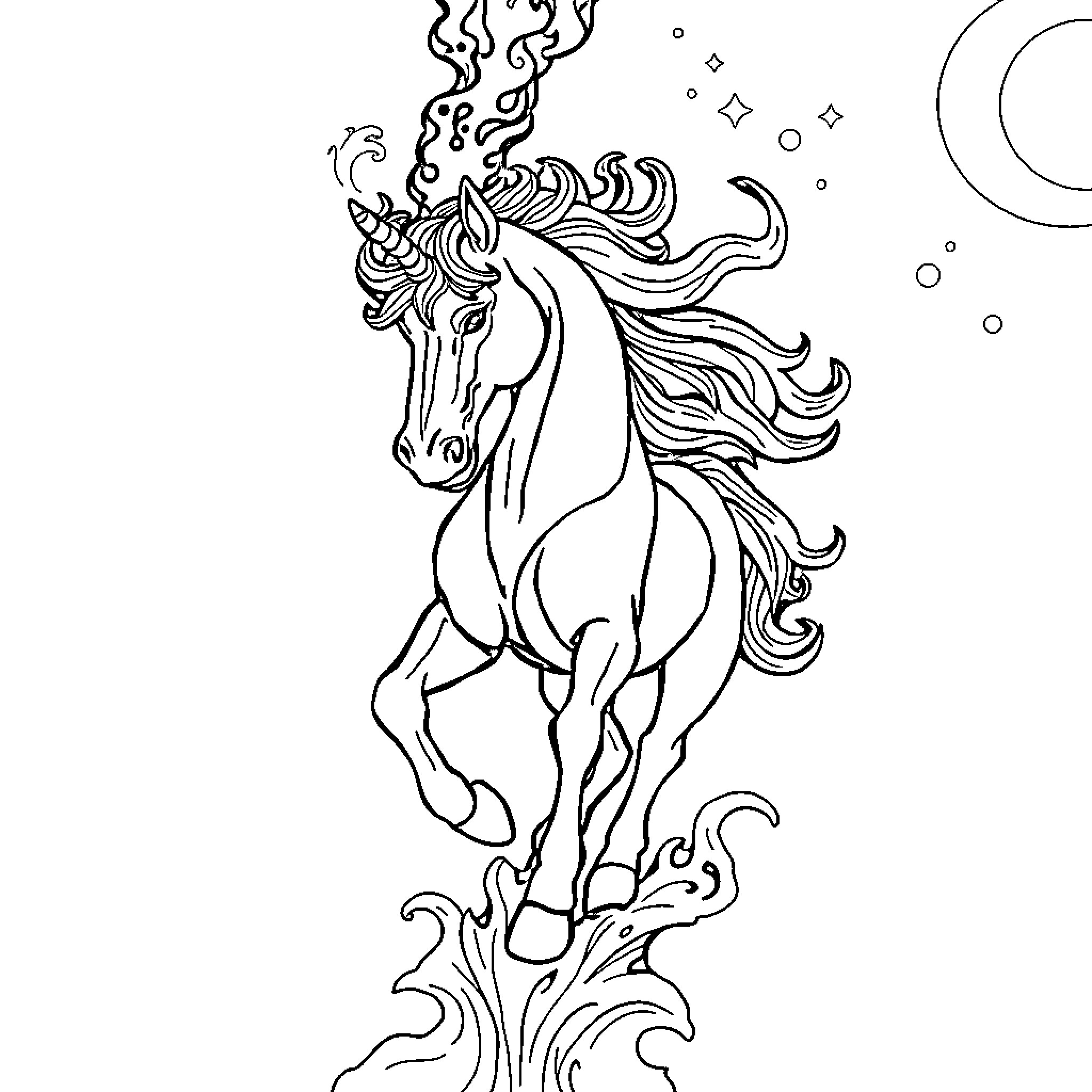Horse galloping through mystical landscape Coloring Page (free black-and-white line drawing printable PDF for all, from beginners to advanced learners, including children, teens, adults, and seniors)