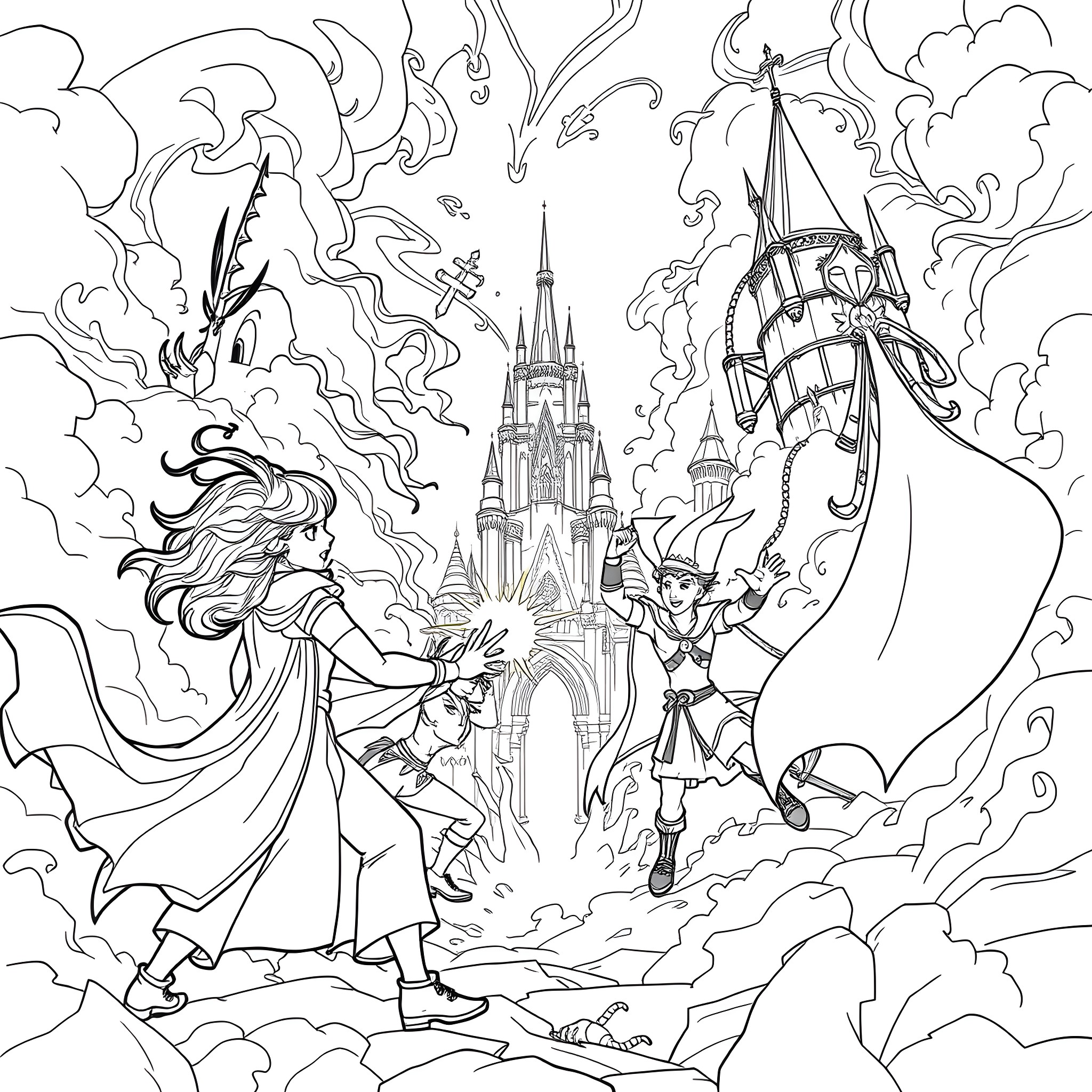 Descendant's Fantastical Adventure in the Enchanted Realm Coloring Page (free black-and-white line drawing printable PDF for all, from beginners to advanced learners, including children, teens, adults, and seniors)