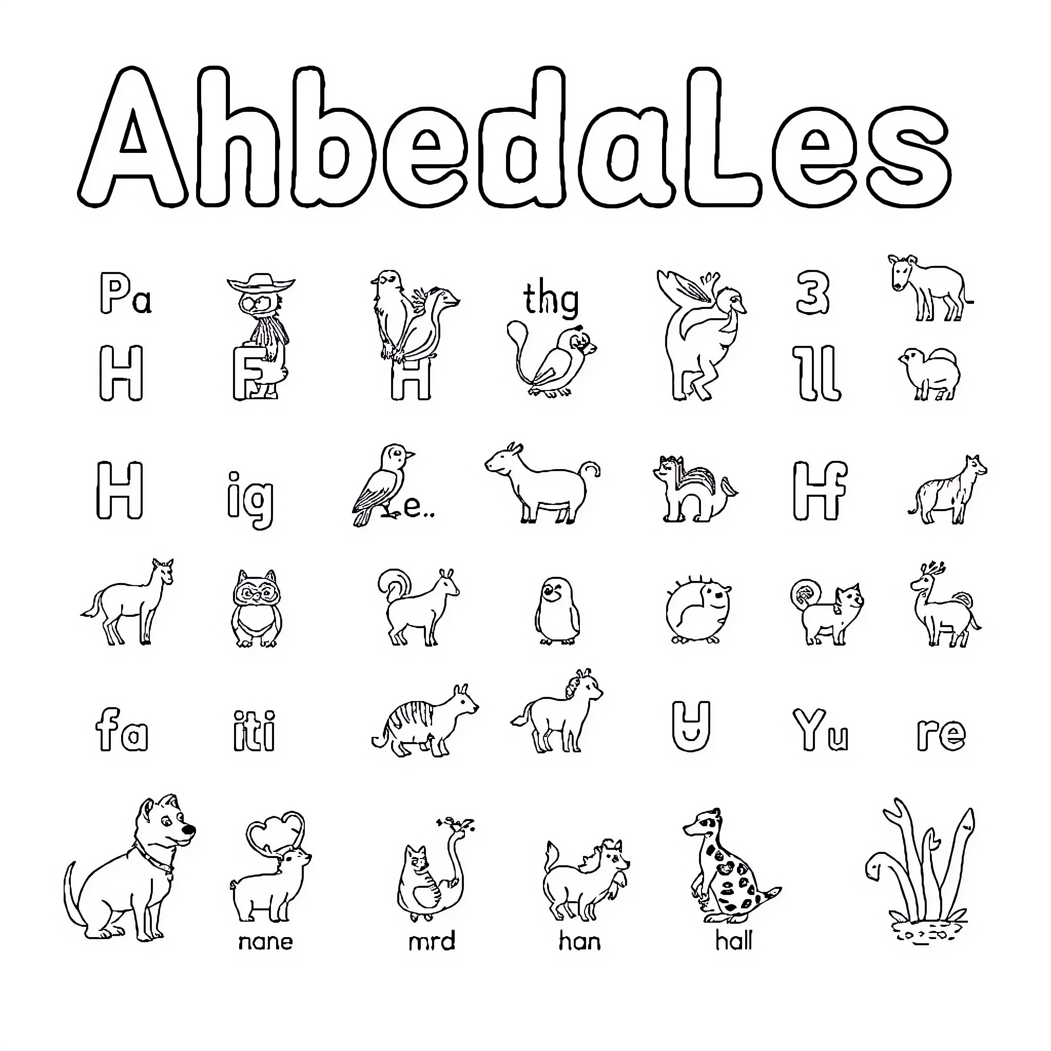 Animal alphabet with cartoon-style illustrations Coloring Page (free black-and-white line drawing printable PDF for all, from beginners to advanced learners, including children, teens, adults, and seniors)