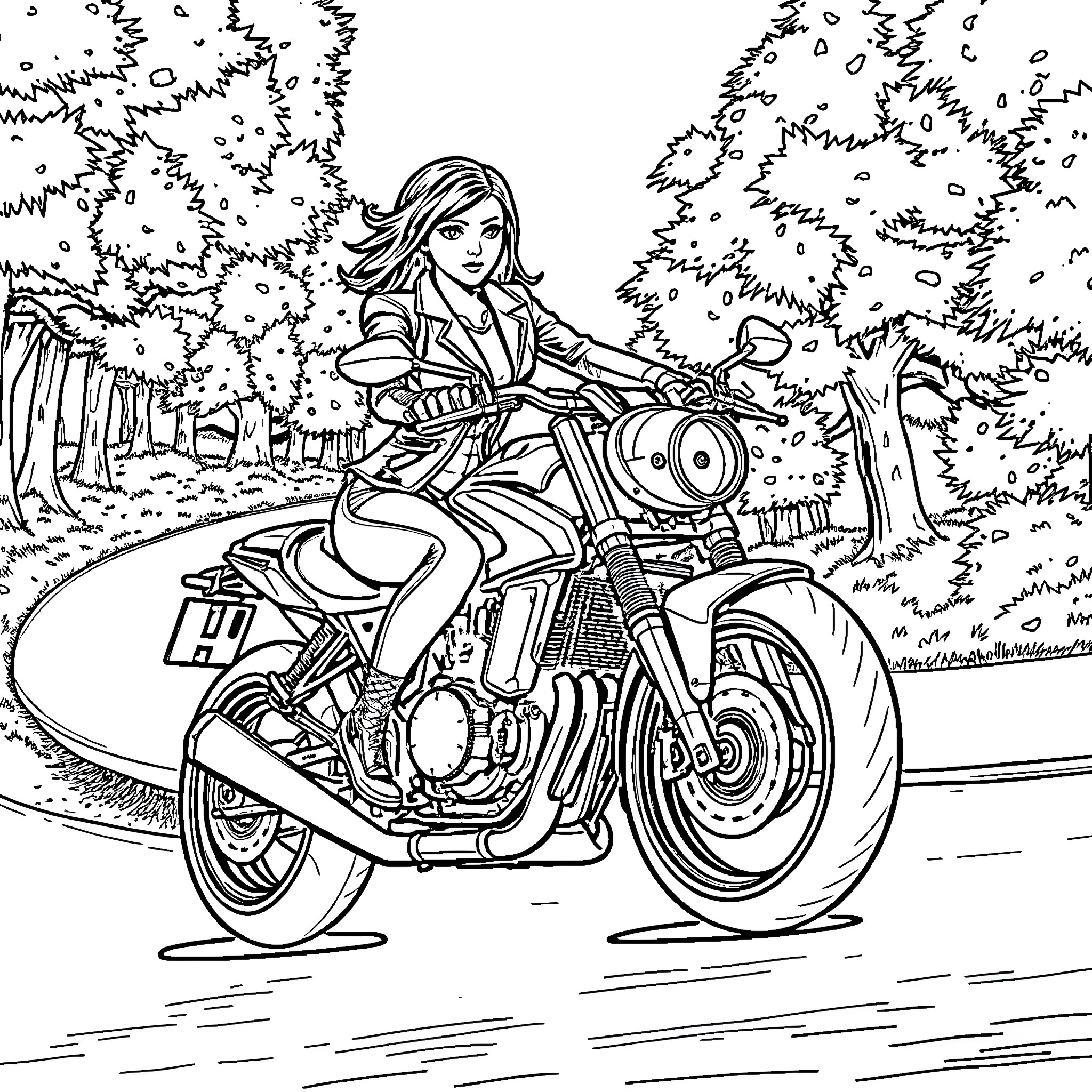 Miranda Lawson riding a motorcycle through the forest Coloring Page (free black-and-white line drawing printable PDF for all, from beginners to advanced learners, including children, teens, adults, and seniors)