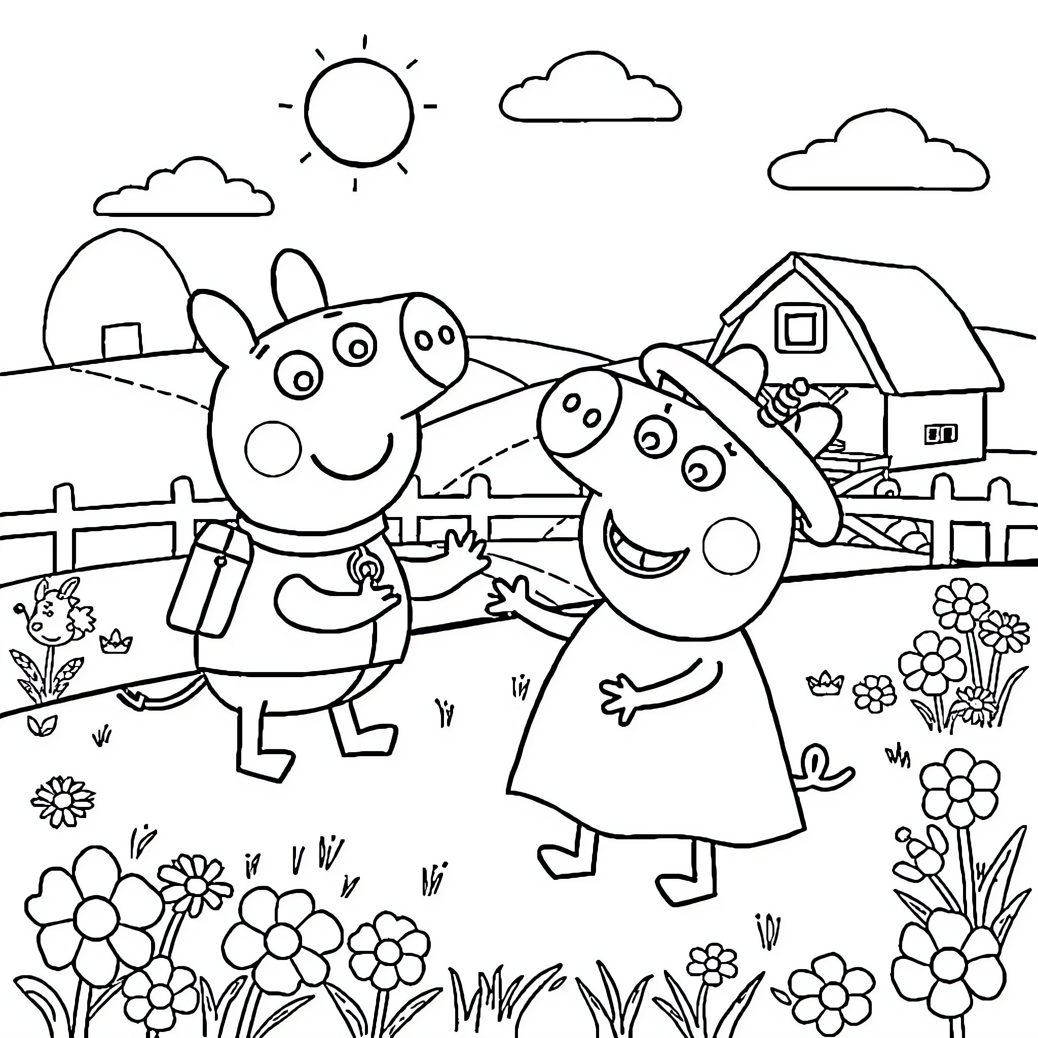 Peppa Pig and friends exploring the countryside Coloring Page (free black-and-white line drawing printable PDF for all, from beginners to advanced learners, including children, teens, adults, and seniors)