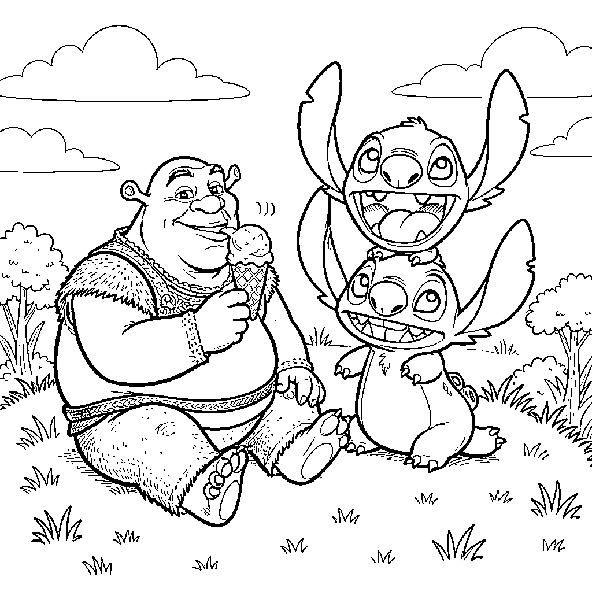 Shrek eating ice cream with two playful aliens Coloring Page (free black-and-white line drawing printable PDF for all, from beginners to advanced learners, including children, teens, adults, and seniors)