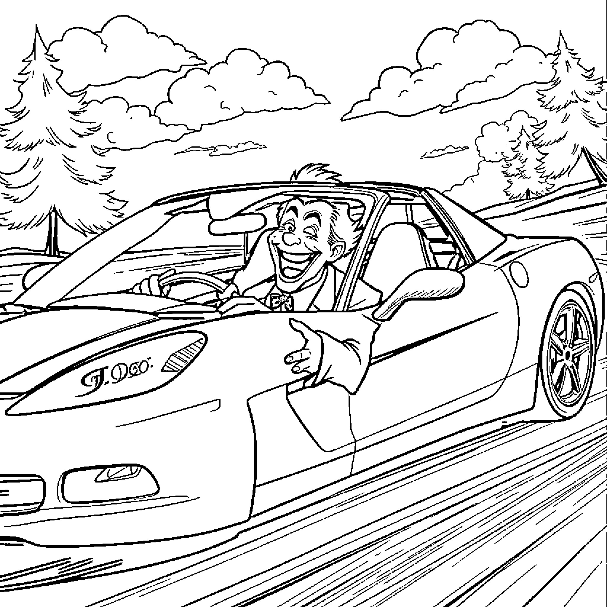 Joker driving a sports car on a scenic road Coloring Page (free black-and-white line drawing printable PDF for all, from beginners to advanced learners, including children, teens, adults, and seniors)