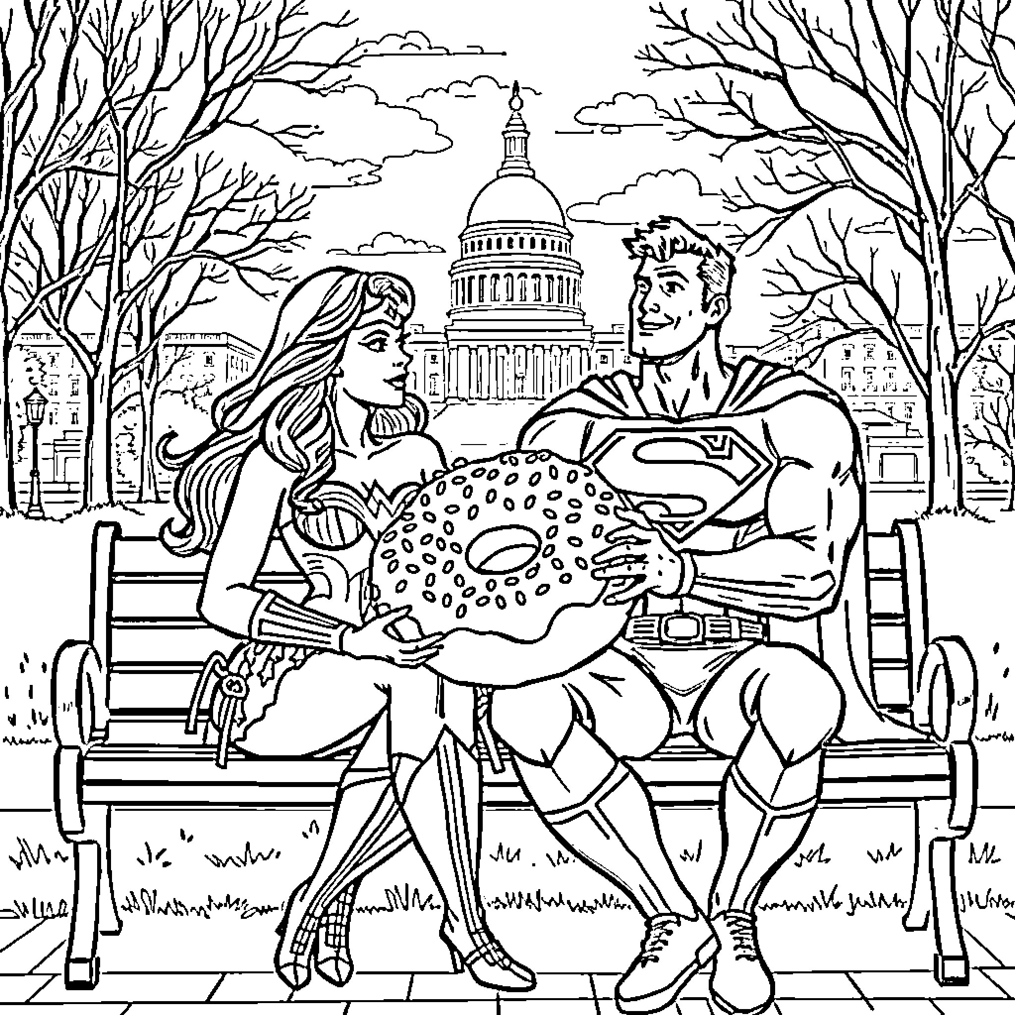 Wonder Woman and Superman in front of the Capitol building Coloring Page (free black-and-white line drawing printable PDF for all, from beginners to advanced learners, including children, teens, adults, and seniors)